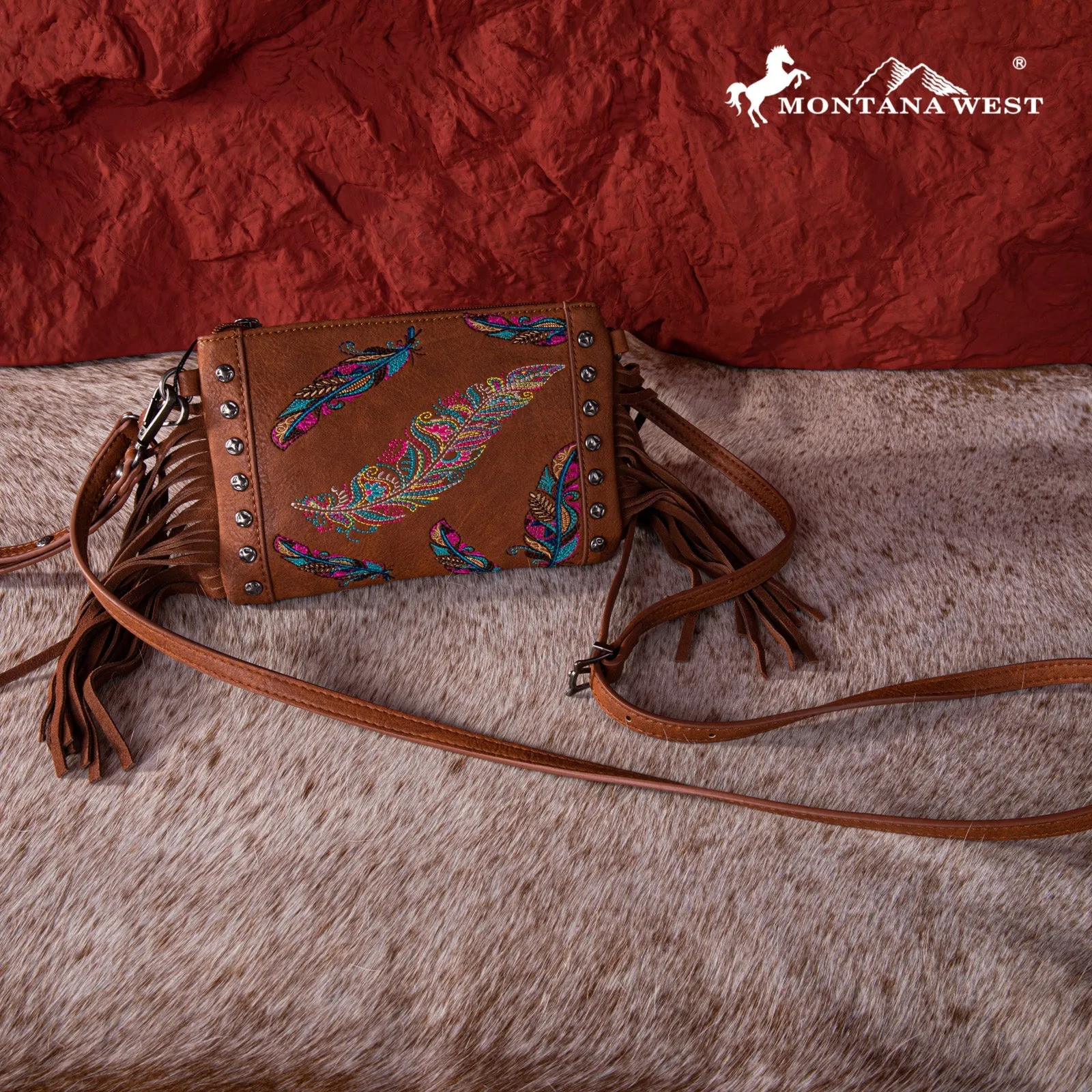 Montana West Embroidered Feather Collection Clutch/Crossbody