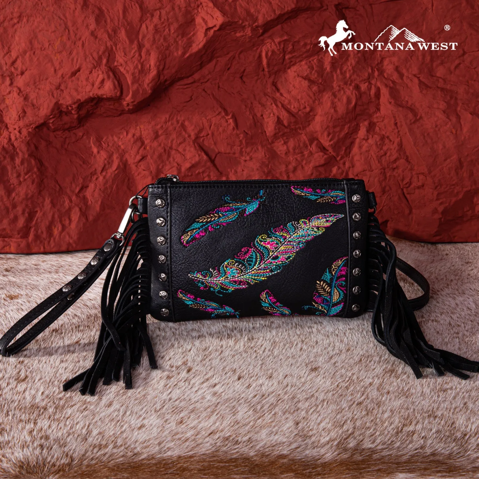 Montana West Embroidered Feather Collection Clutch/Crossbody