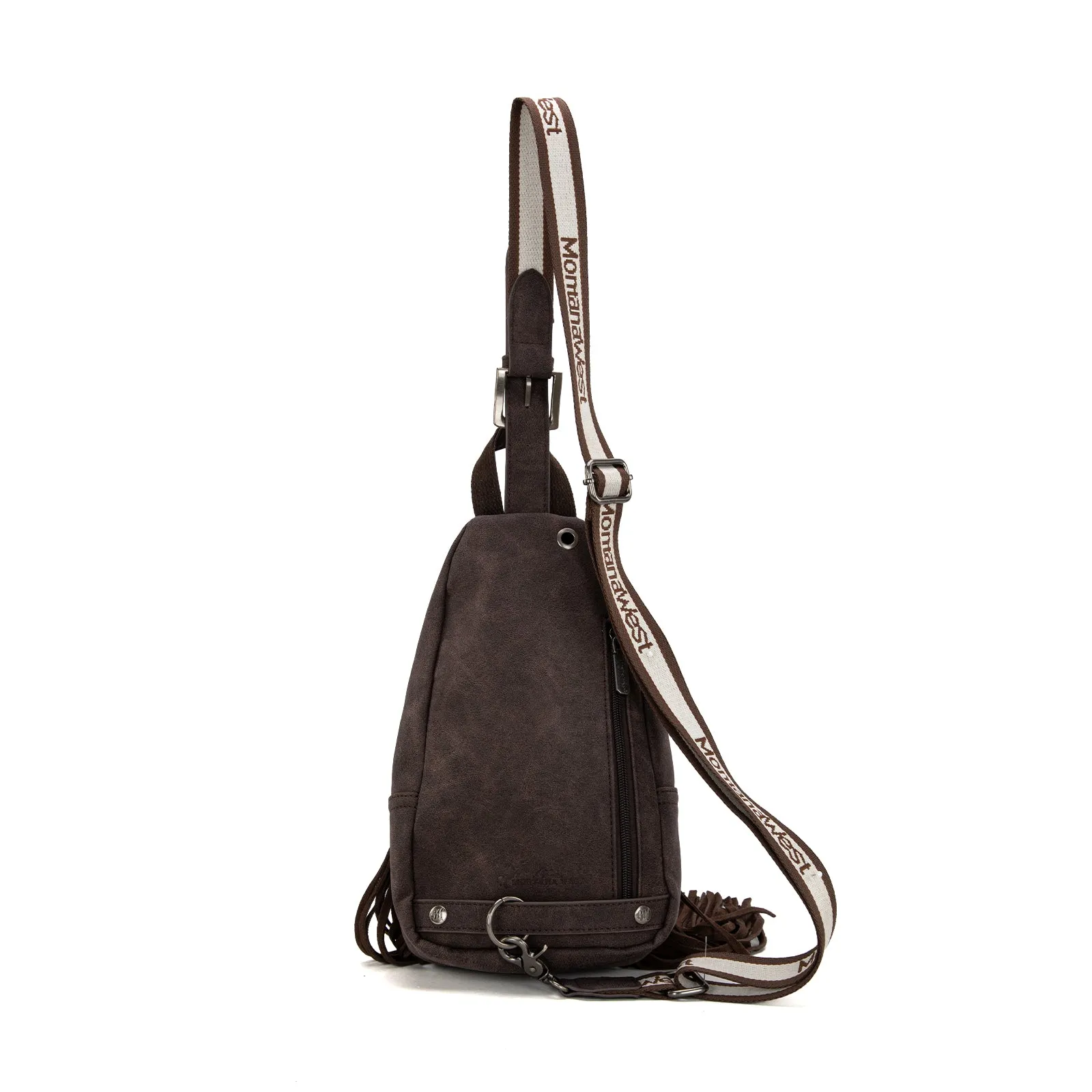 MW1276-S9110   Montana West Tooled Fringe Sling Bag - Coffee