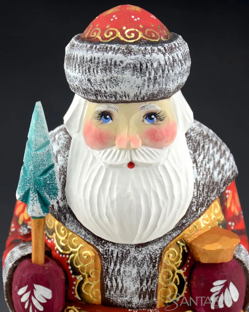 Ornamental Russian Santa with Teal and Gold Toy Bag