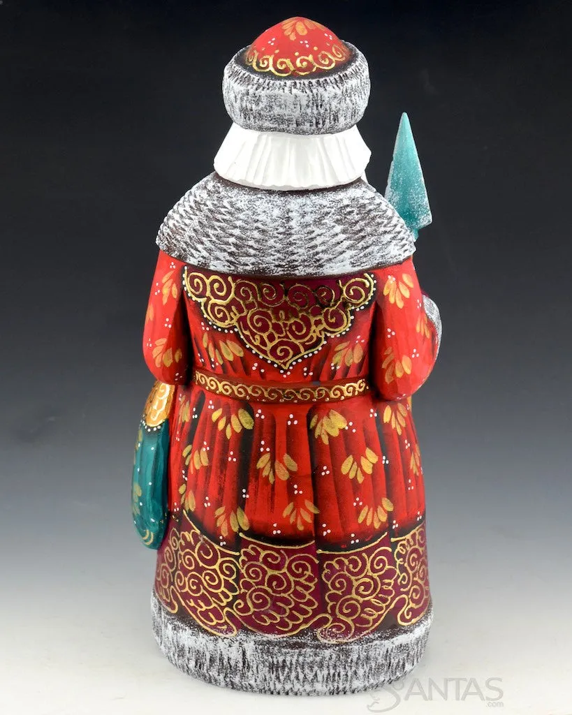 Ornamental Russian Santa with Teal and Gold Toy Bag