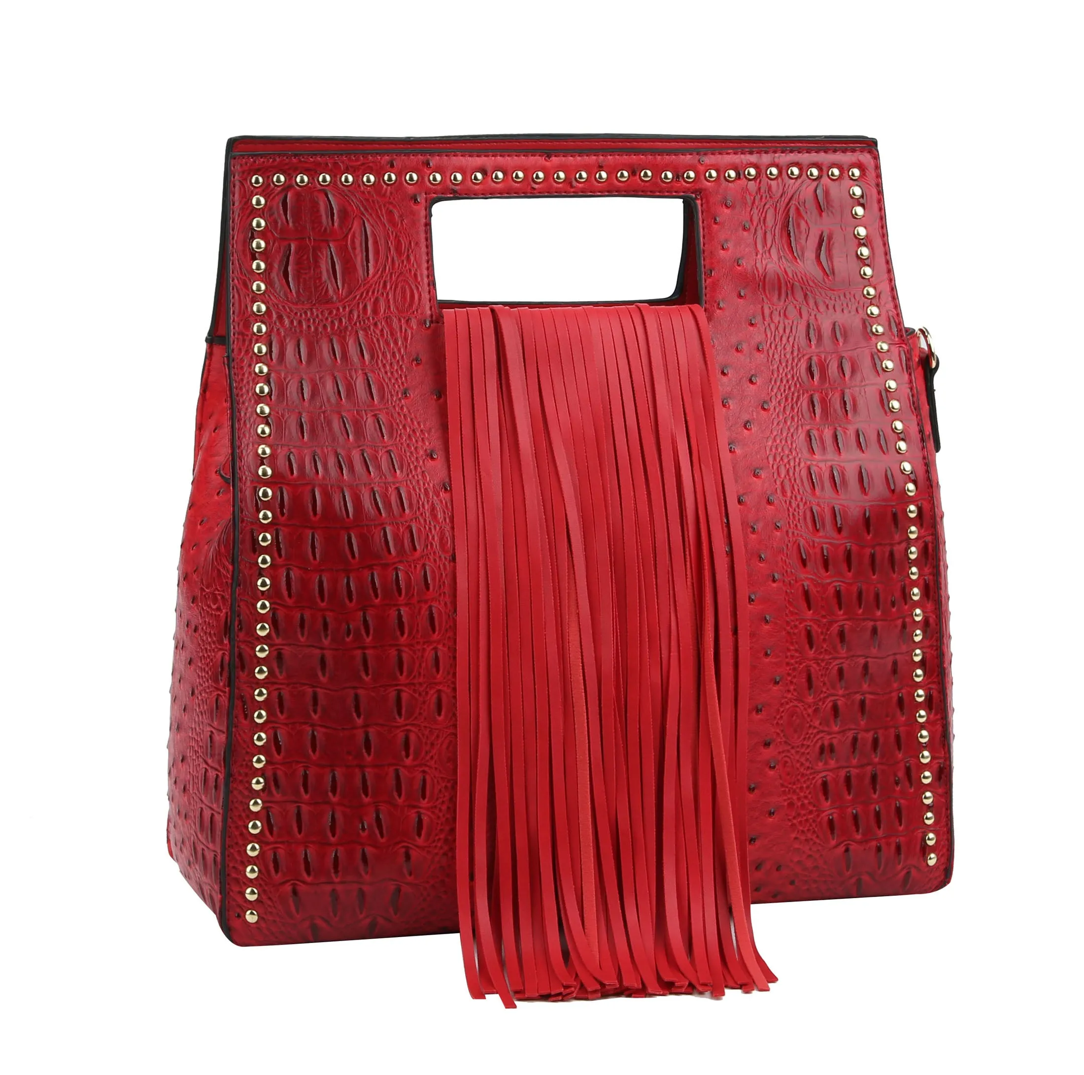 Ostrich Embossed Fringe Square Satchel Bag