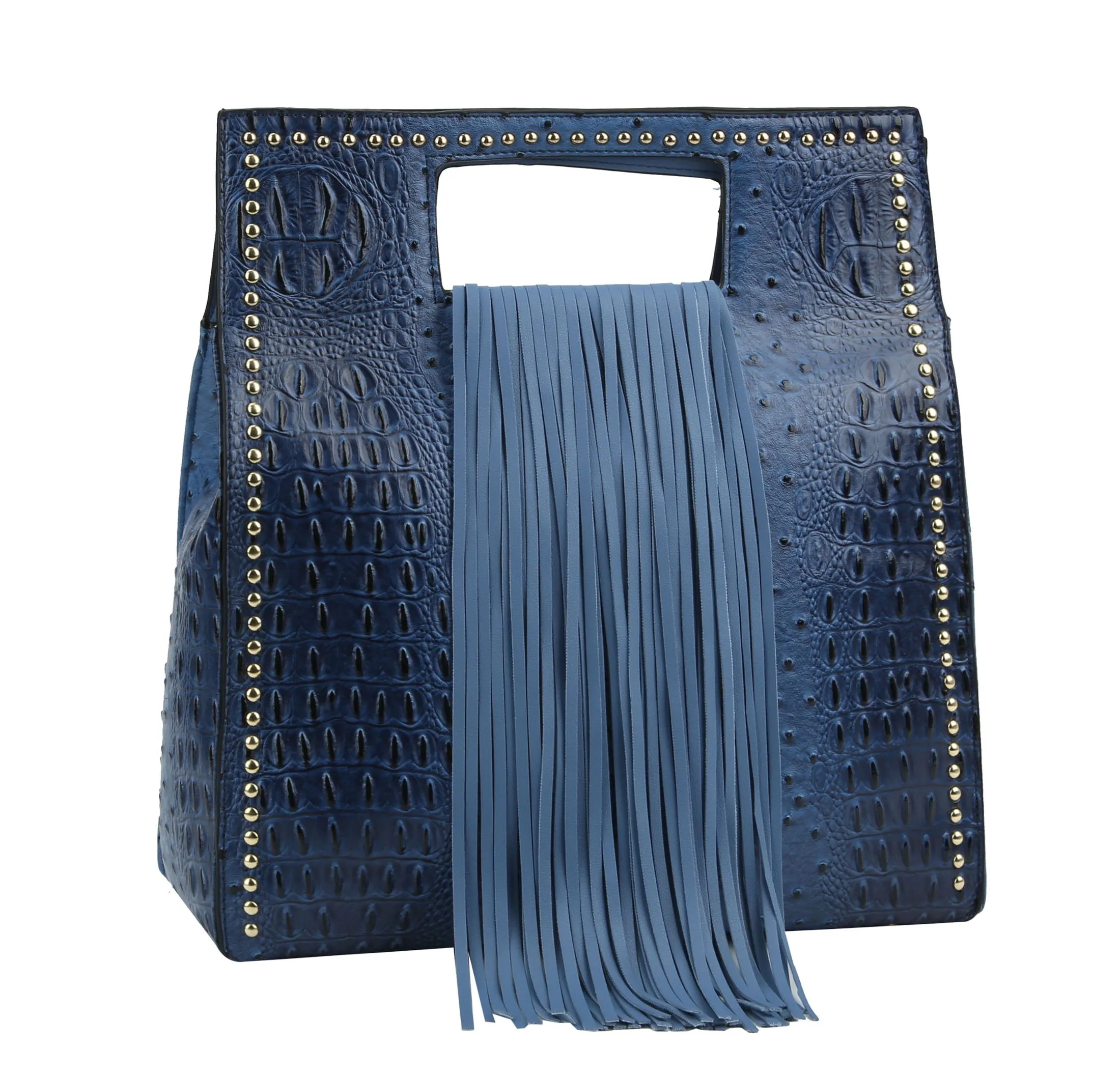 Ostrich Embossed Fringe Square Satchel Bag