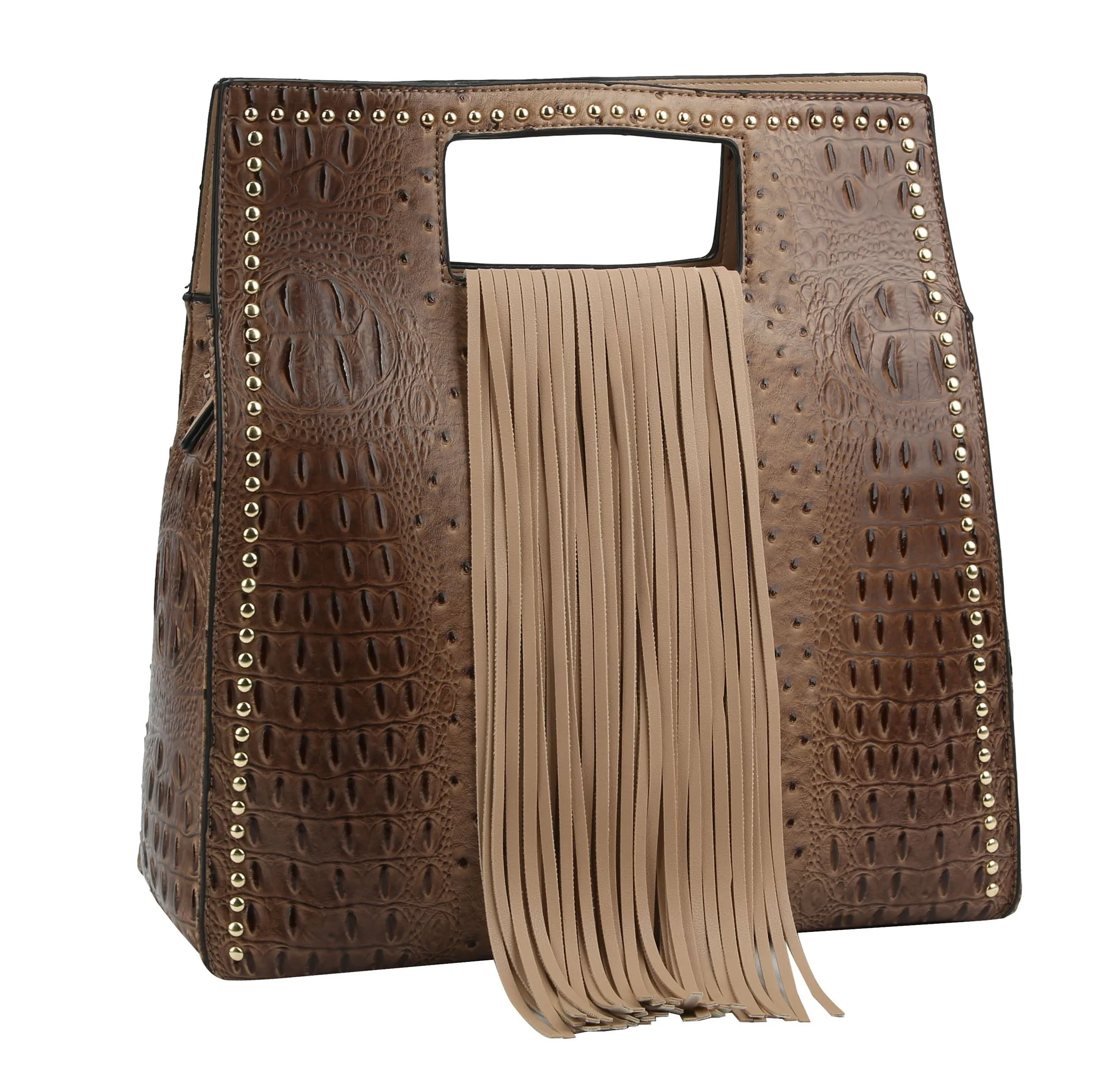 Ostrich Embossed Fringe Square Satchel Bag