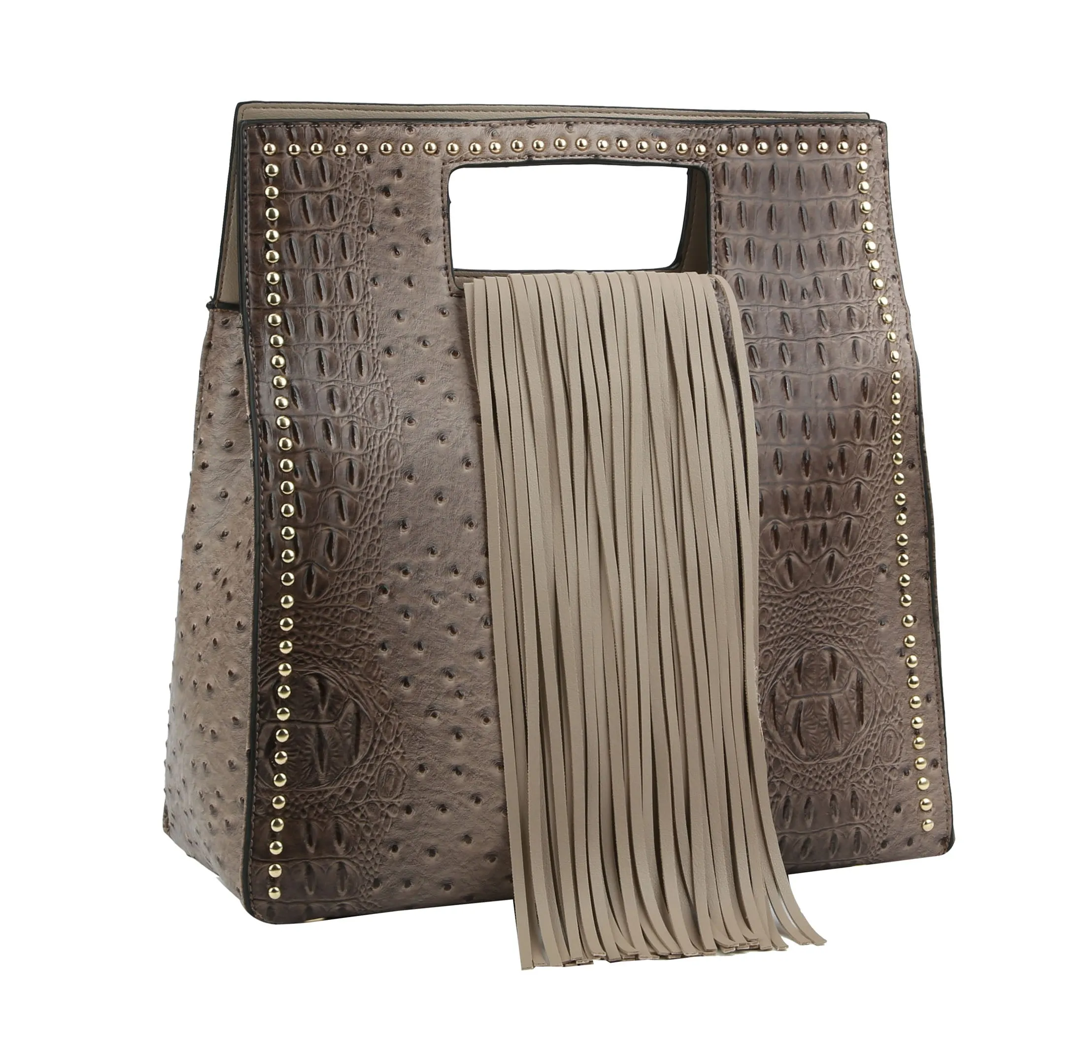 Ostrich Embossed Fringe Square Satchel Bag