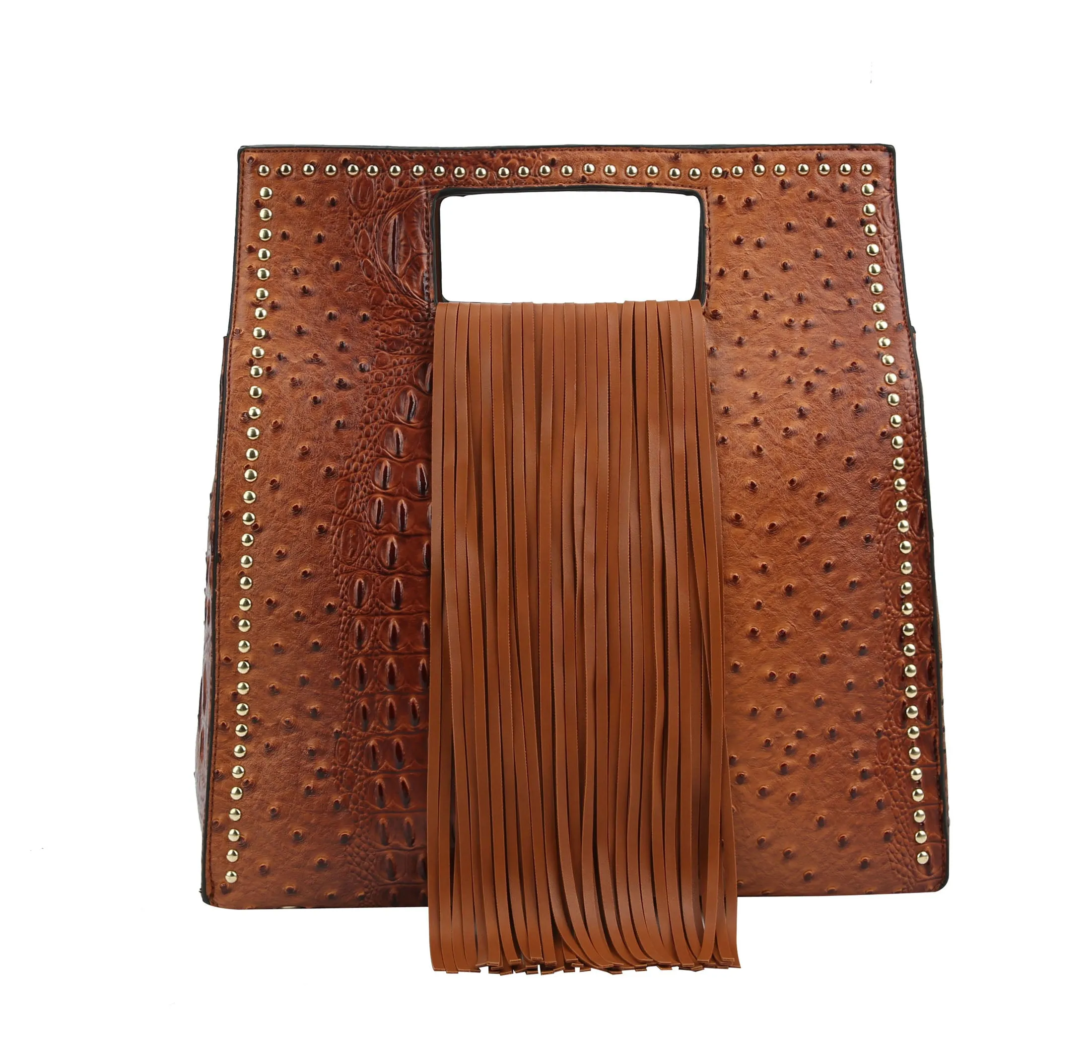 Ostrich Embossed Fringe Square Satchel Bag