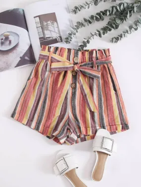 Paperbag Waist Self Belted Cuffed Striped Shorts