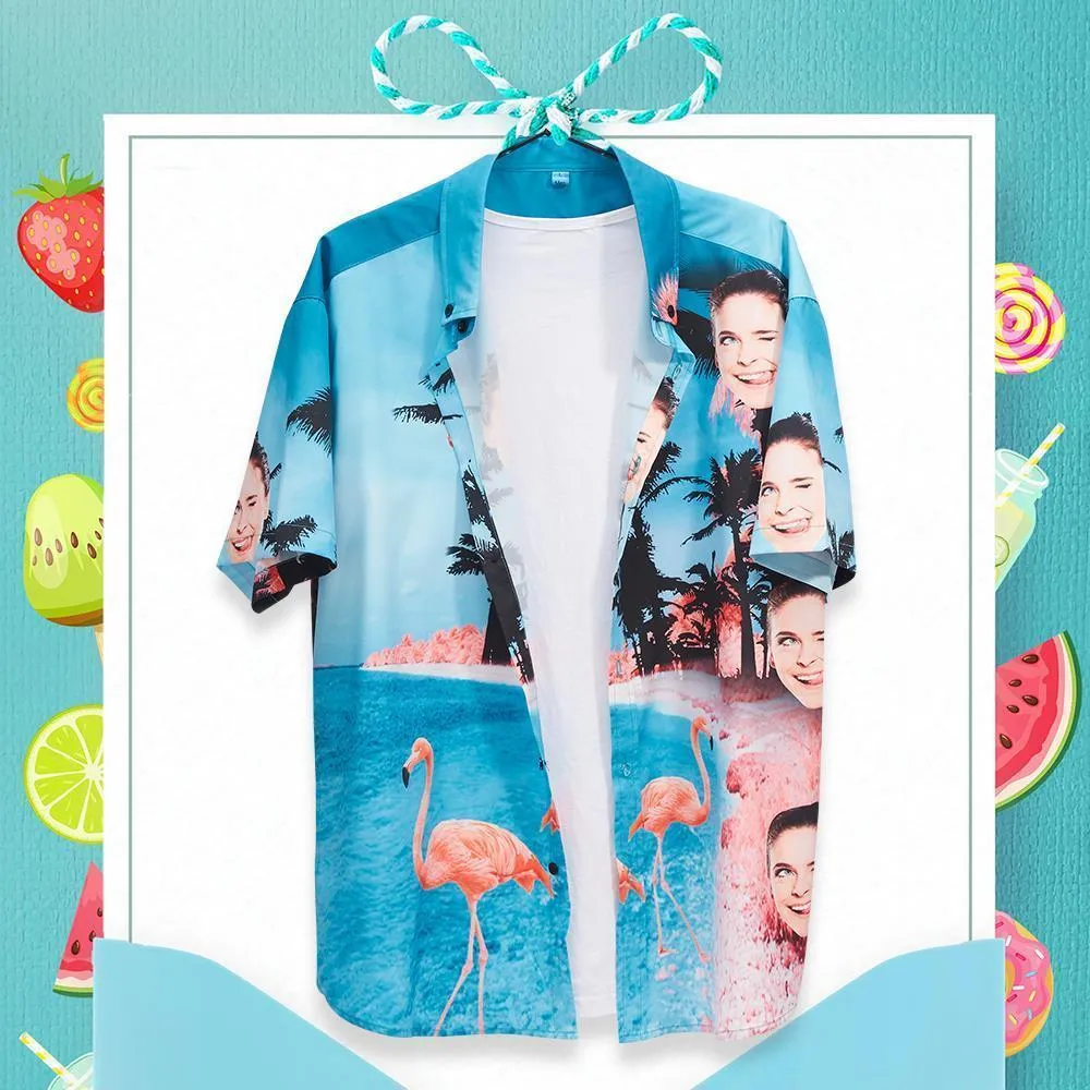 Personalised Face Hawaiian Shirt All Over Print Seaside Flamingos