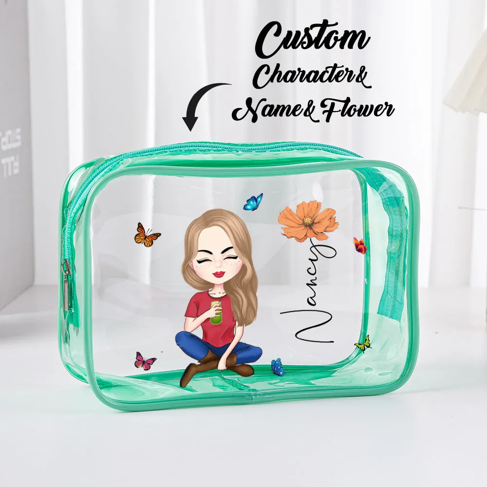 Personalized Cartoon Girl Birth Flower Clear Waterproof Makeup Bag with Name Birthday Gift for Her