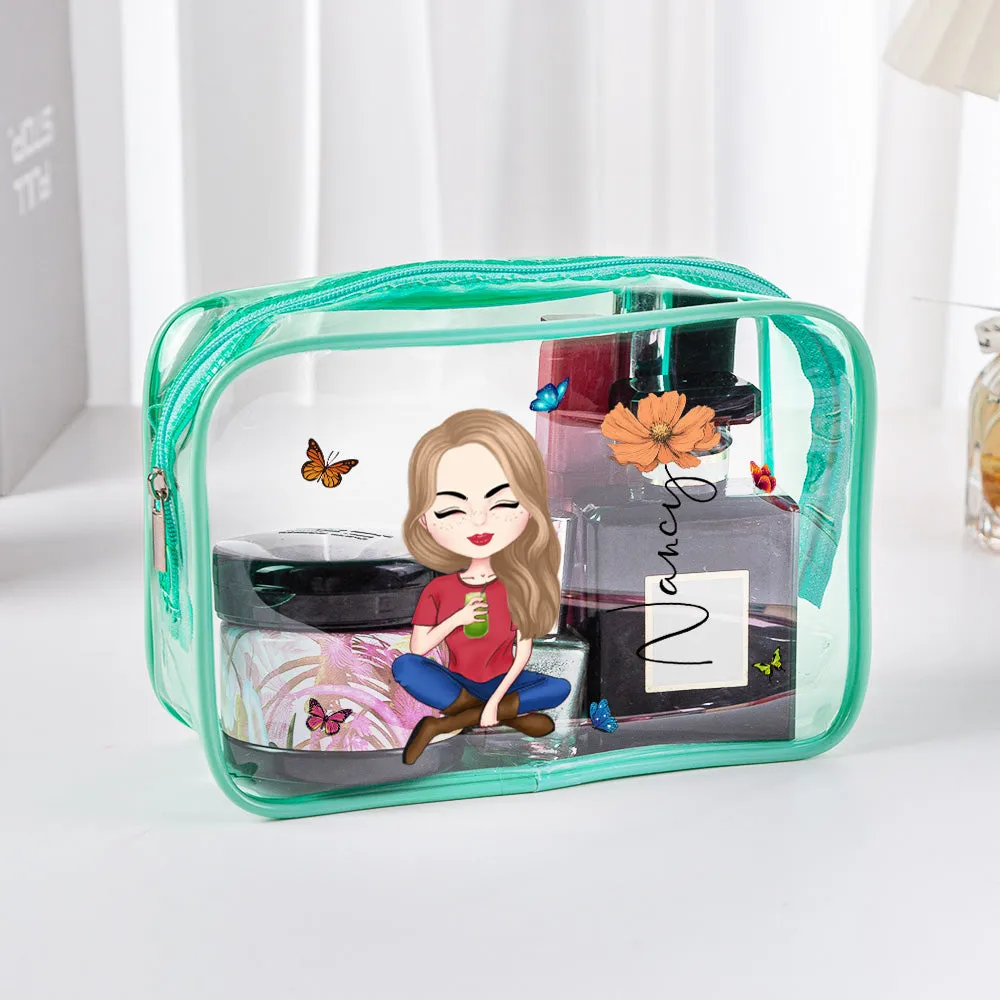 Personalized Cartoon Girl Birth Flower Clear Waterproof Makeup Bag with Name Birthday Gift for Her