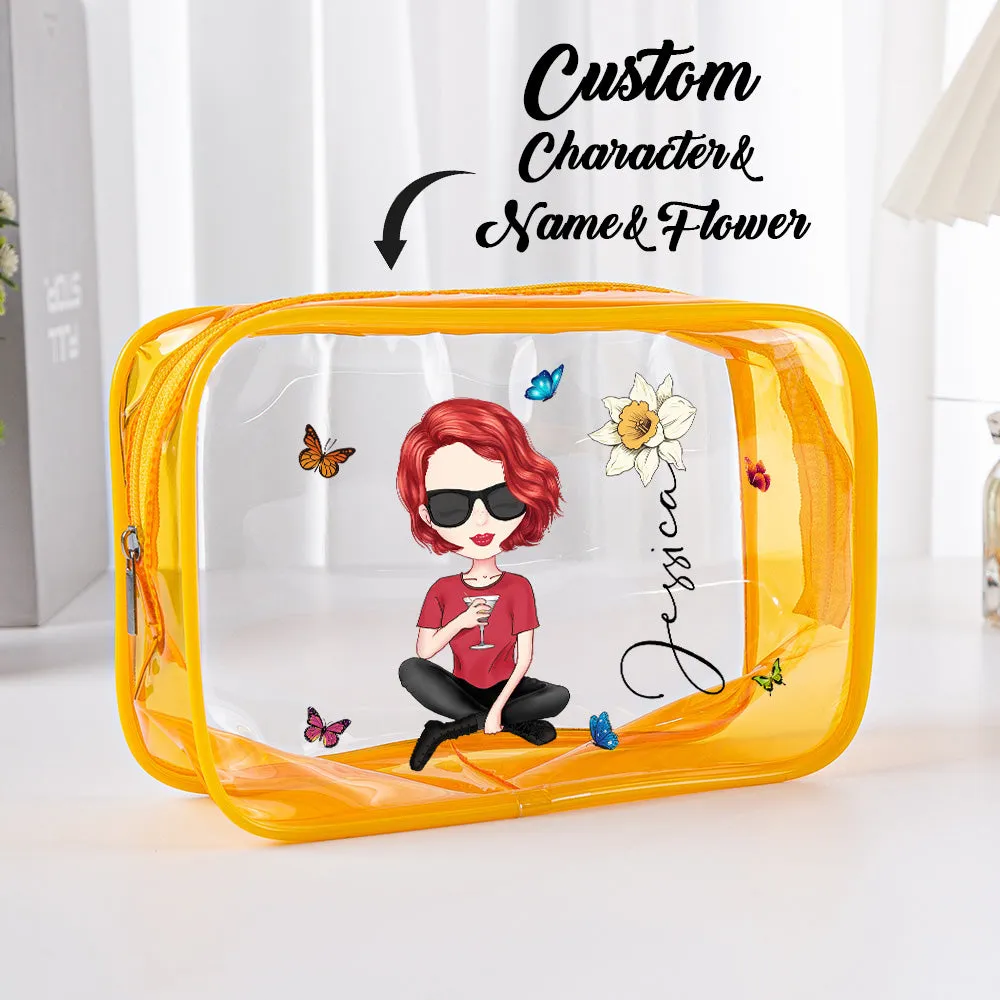 Personalized Cartoon Girl Birth Flower Clear Waterproof Makeup Bag with Name Birthday Gift for Her