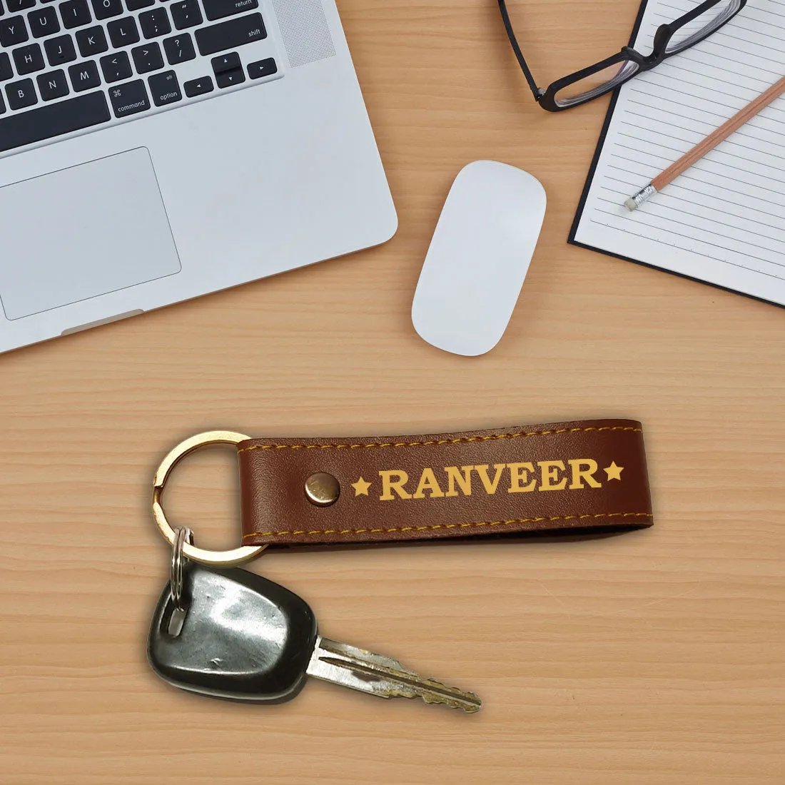 Personalized Key Chain Pu Leather Loop Keychain for Home- Star with Name