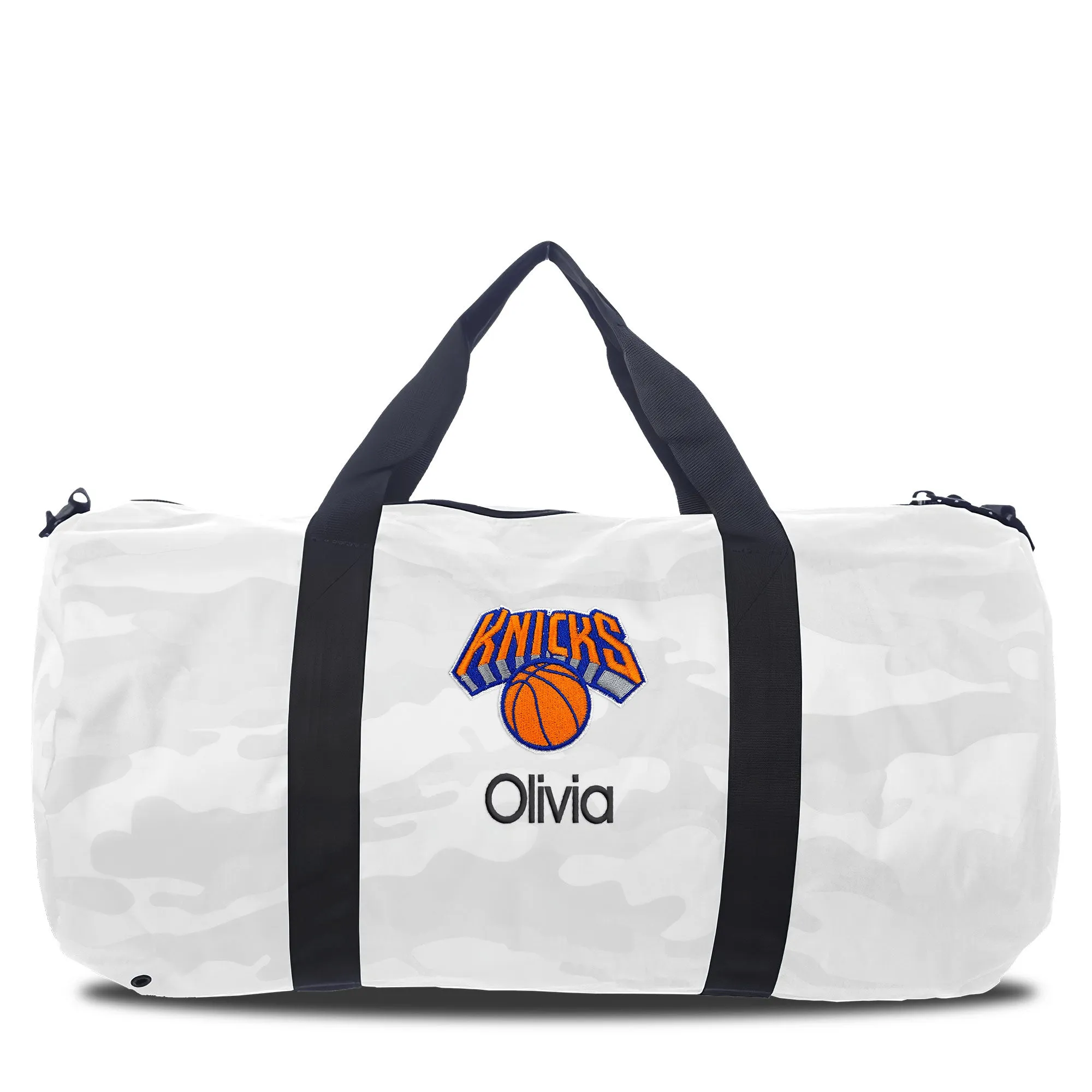 Personalized New York Knicks White Camo Duffel Bag