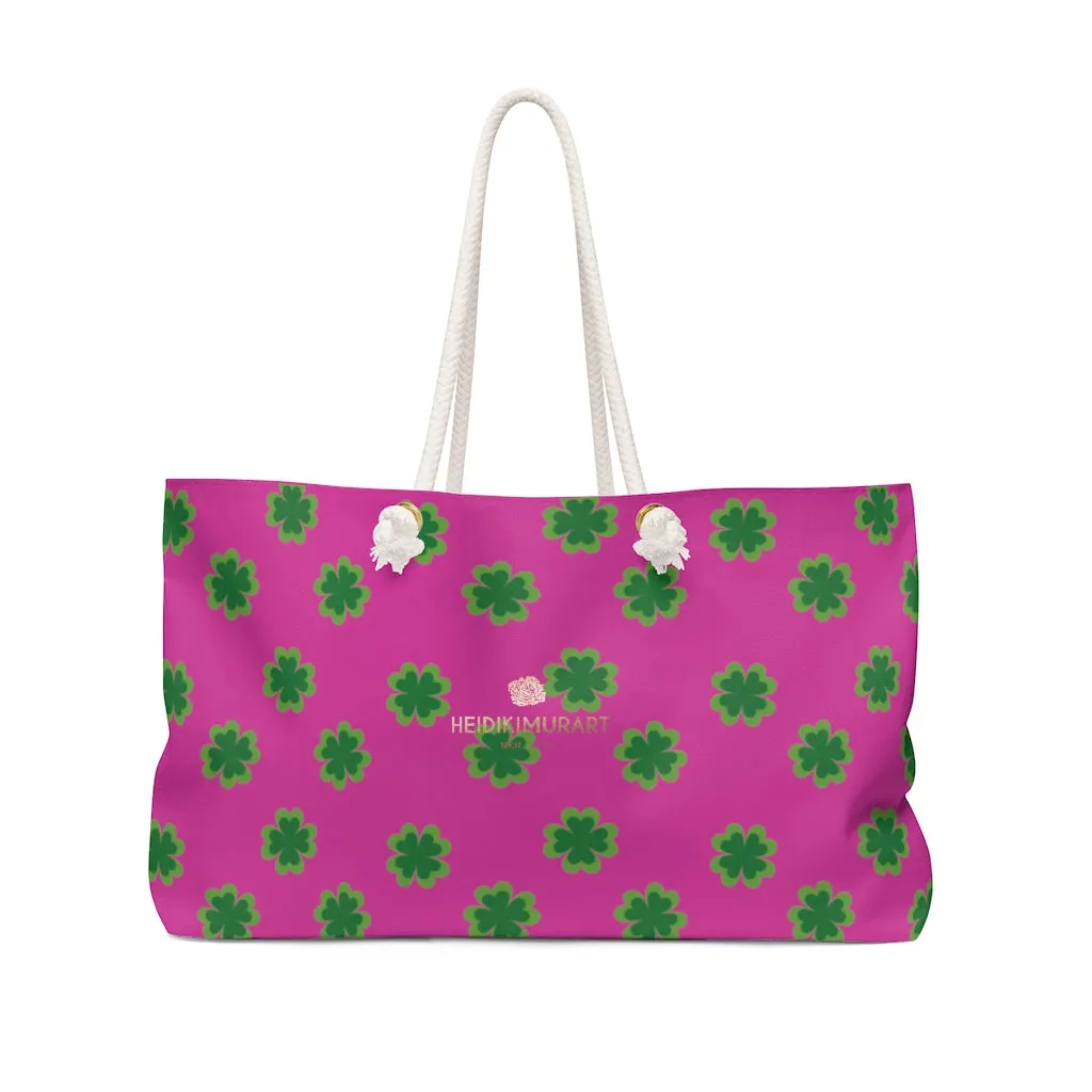 Pink Green Clover Tote Bag, Best Colorful St. Patrick's Day Large Weekender Tote Bag- Printed in USA