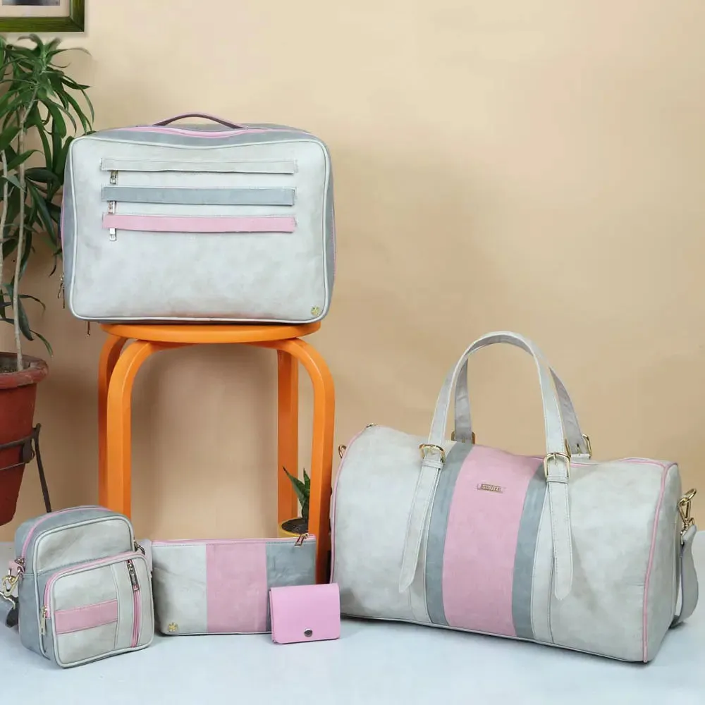 Pink Voyager Set of 4 Bags with Leather Batua - Travel Luggage Set