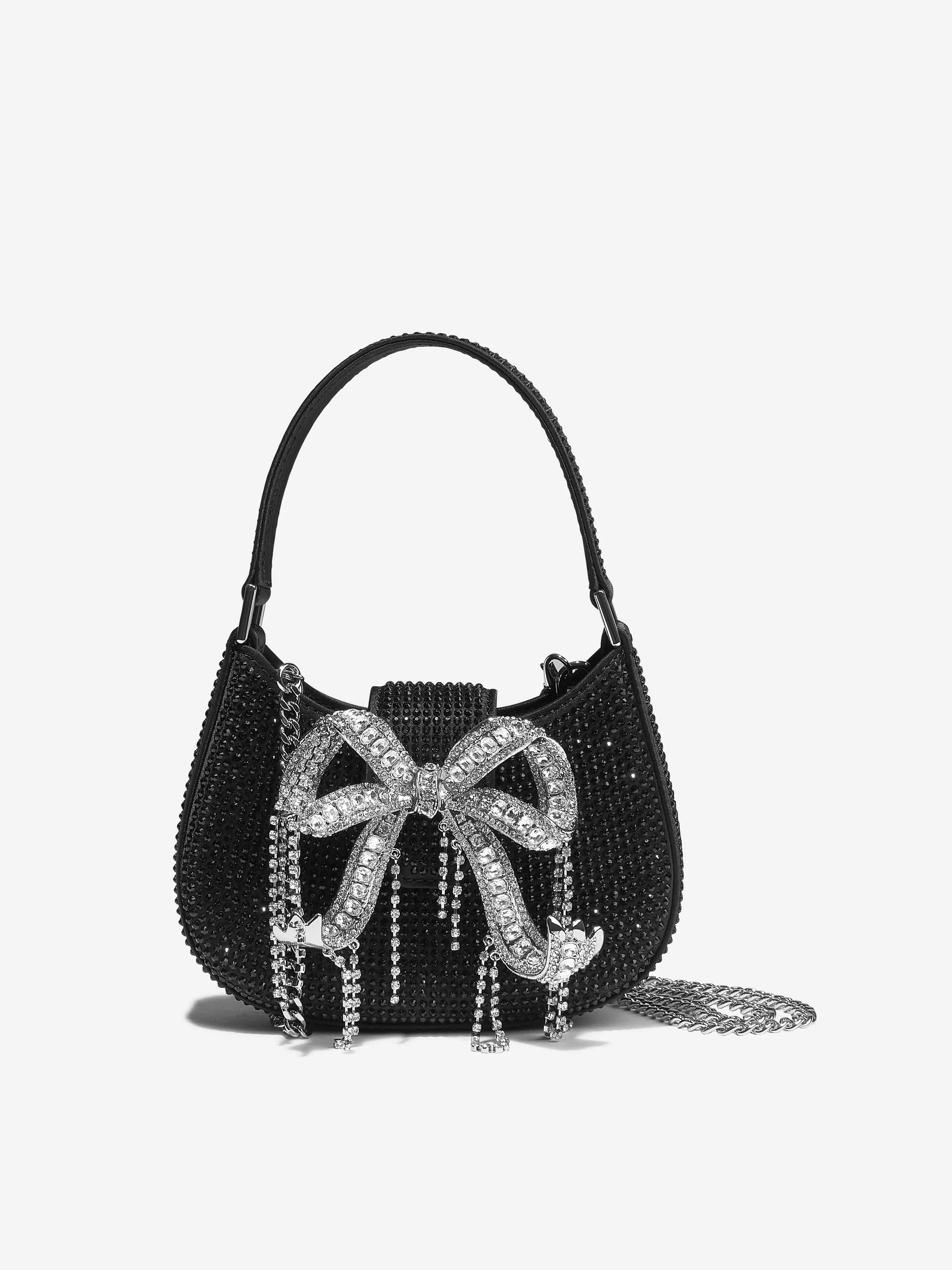 Self Portrait Girls Rhinestone Micro Crescent Bag in Black