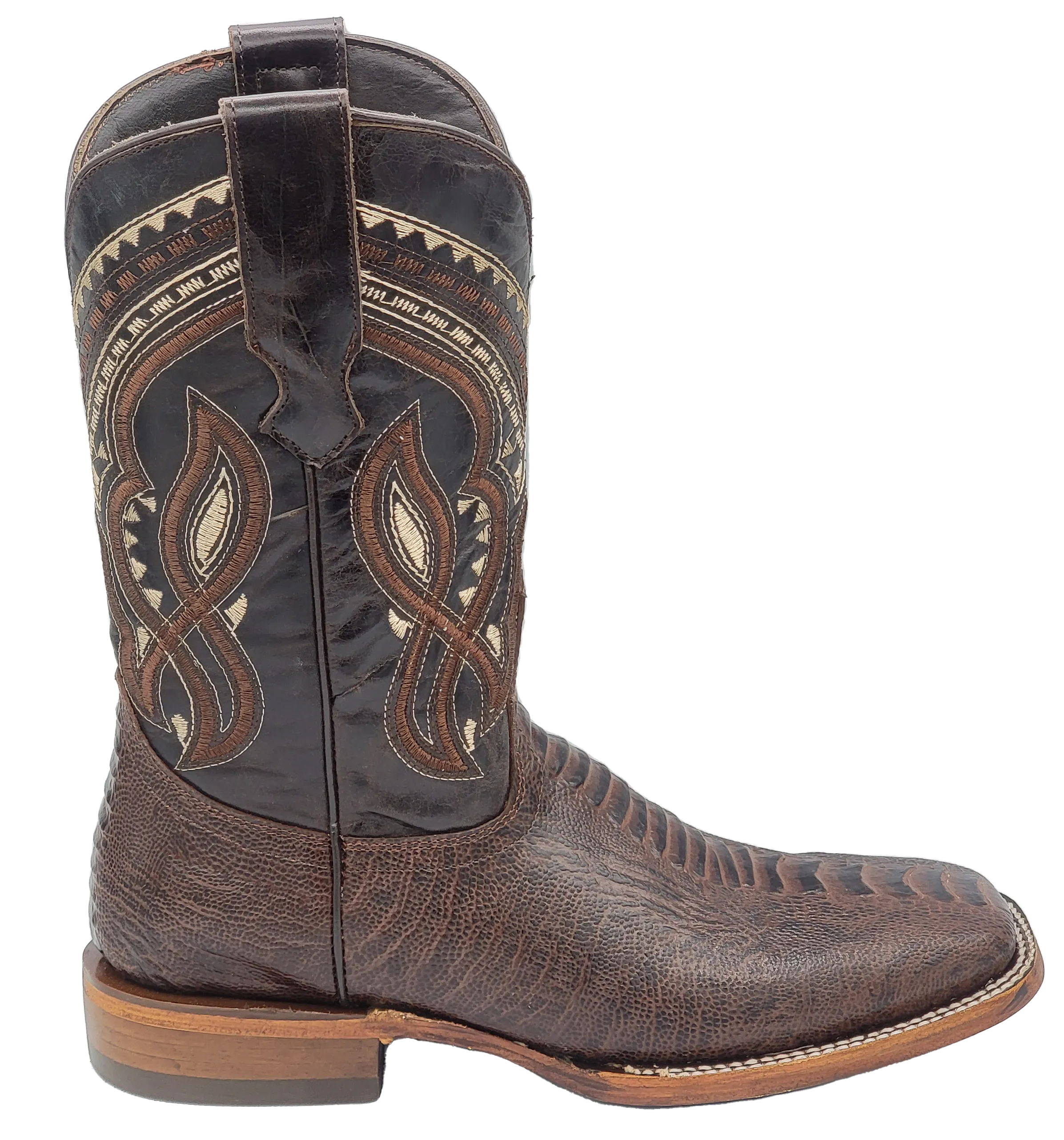 Silverton Ostrich Leg Print Leather Wide Square Toe Boots (Brown)