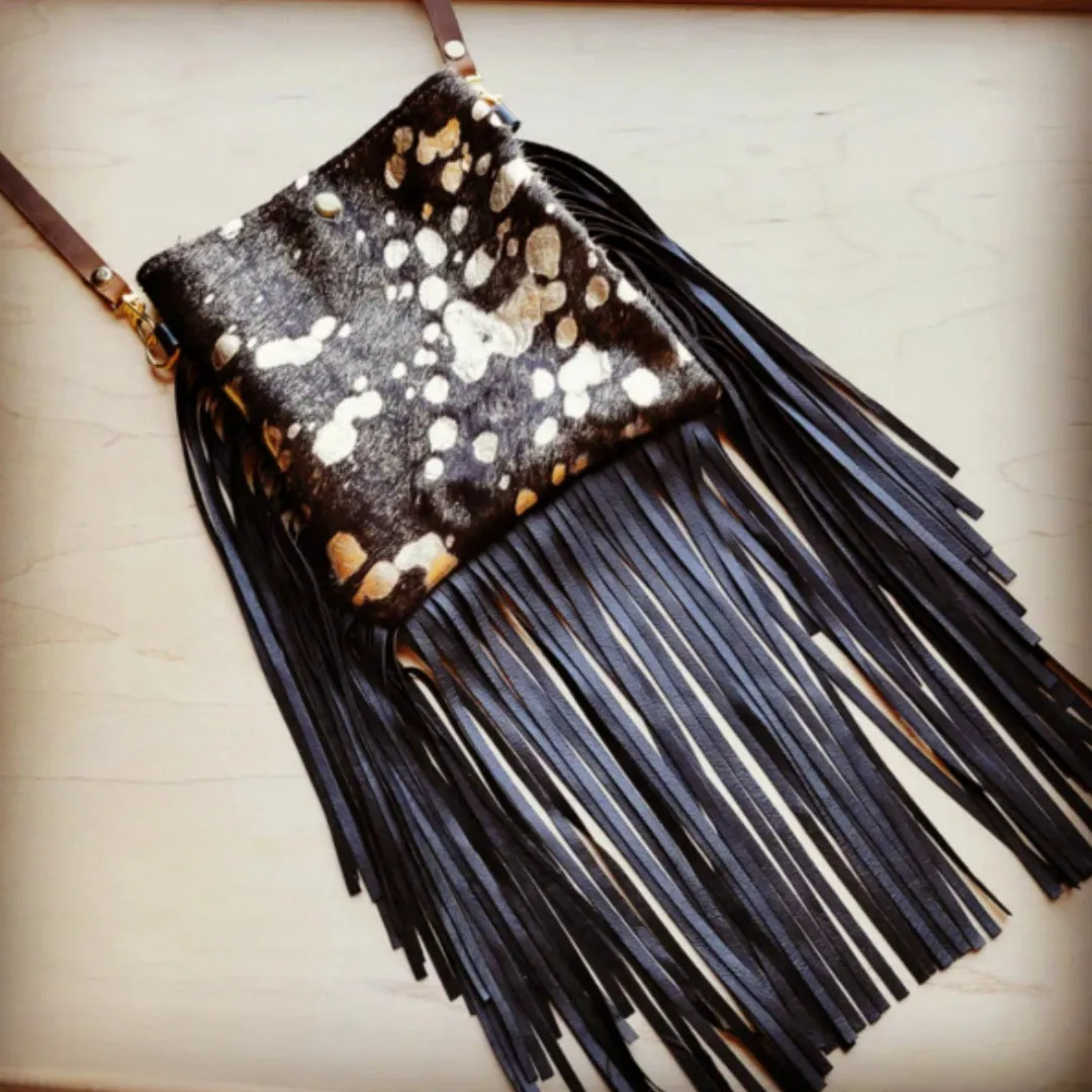 Small Crossbody Handbag w/ Brown Metallic Leather Full Fringe