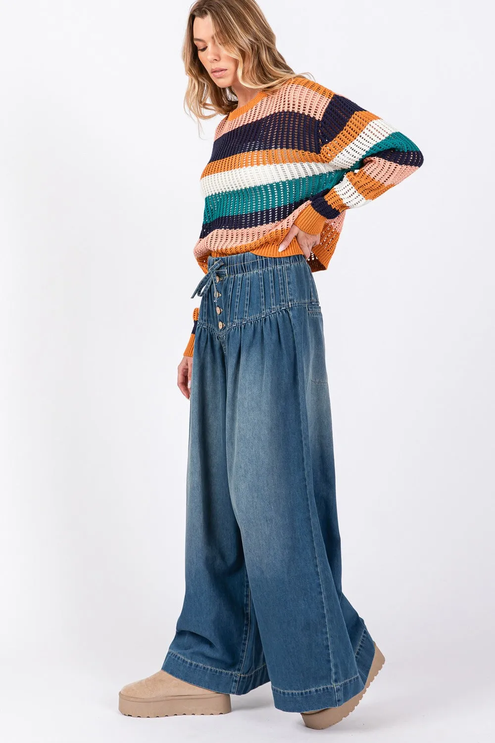 Smocked Waist Band Wide Leg Jeans