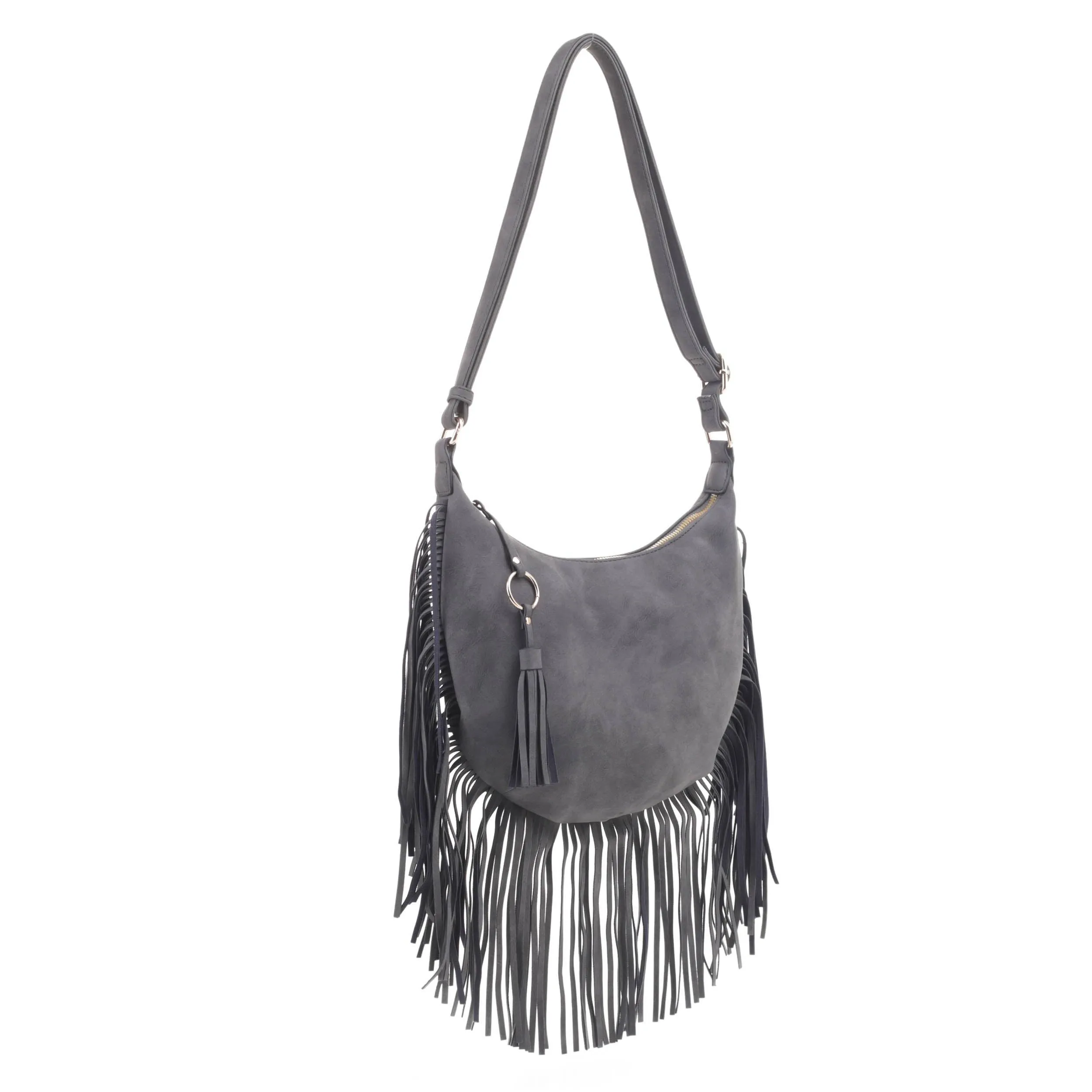 Soft Leather Fringe HOBO/Crossbody Bag With Tassel in Dark Grey