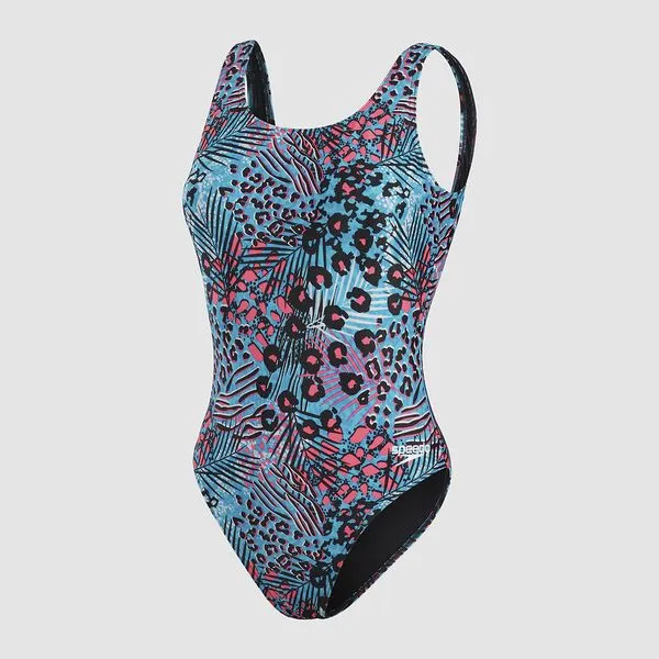 Speedo Womens Allover Deep U-Back One Piece - Black/Hypersonic/Pool/Pink