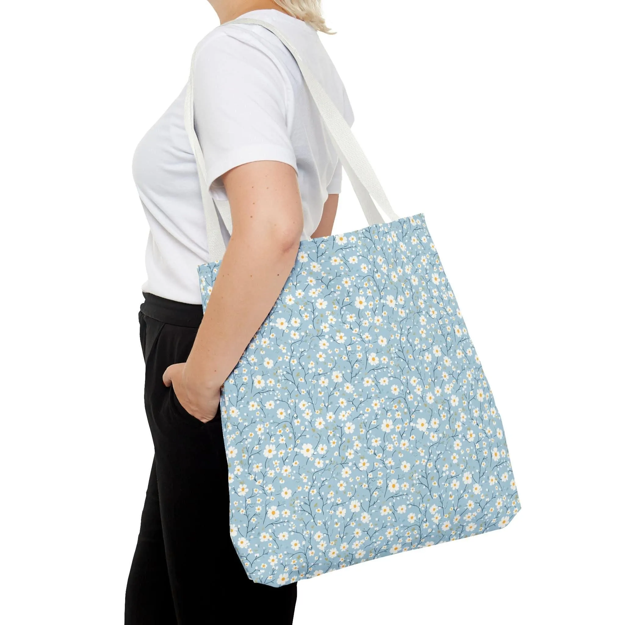 Spring Floral Tote Bag - Cute Blue Daisy Design for Everyday Use