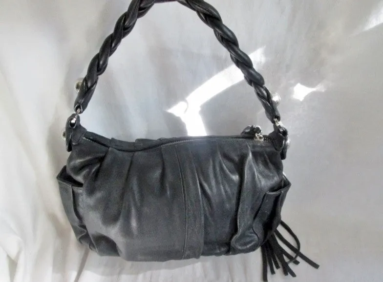 STACCATO leather hobo satchel shoulder rouched bag clutch BLACK M Fringe Tassle