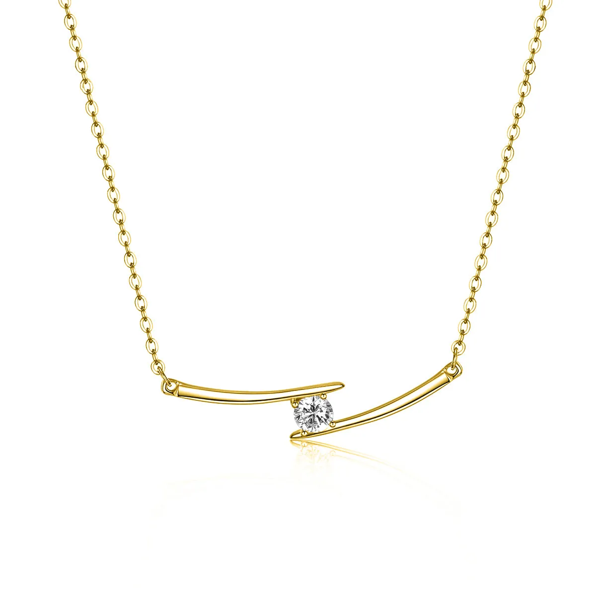 Sterling Silver 14K Gold Plated with Cubic Zirconia Solitaire Double Bar Pendant Necklace