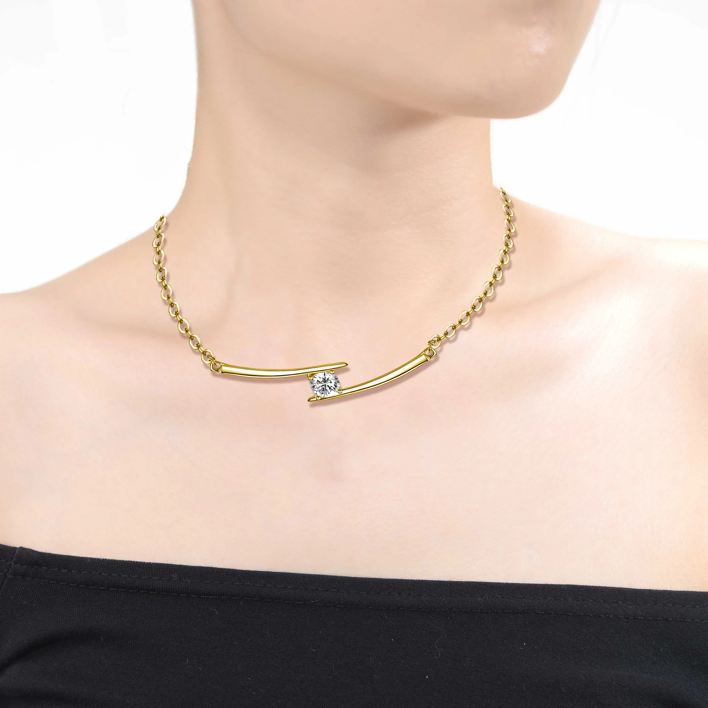 Sterling Silver 14K Gold Plated with Cubic Zirconia Solitaire Double Bar Pendant Necklace