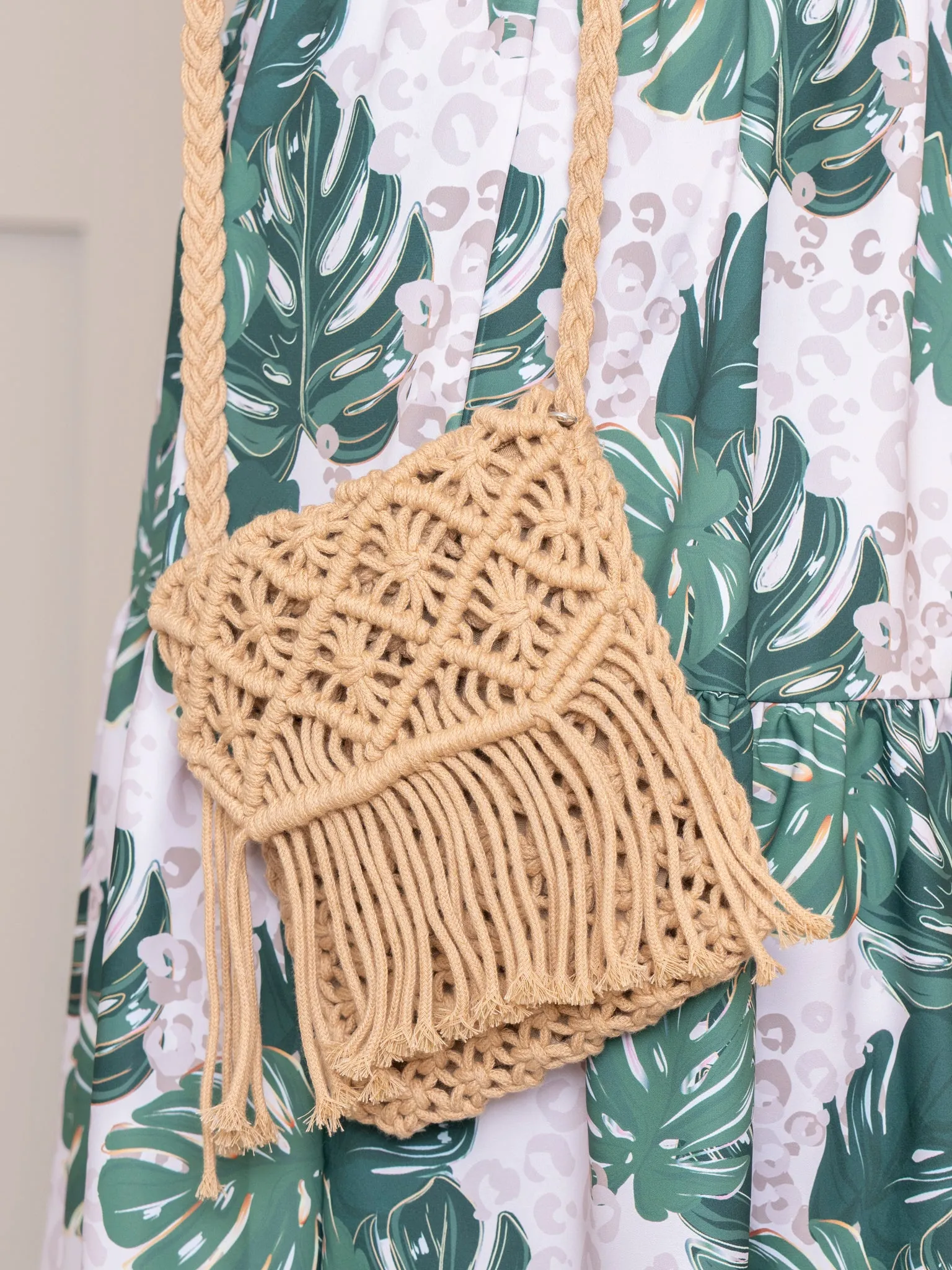 Tan Fringe Woven Crossbody Purse