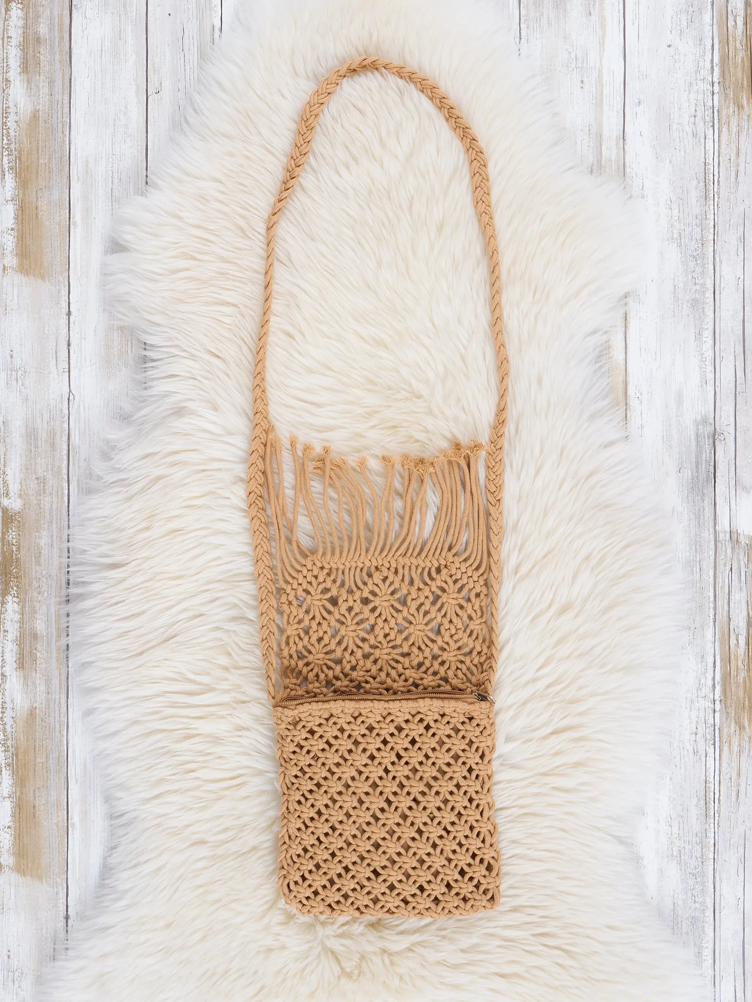 Tan Fringe Woven Crossbody Purse