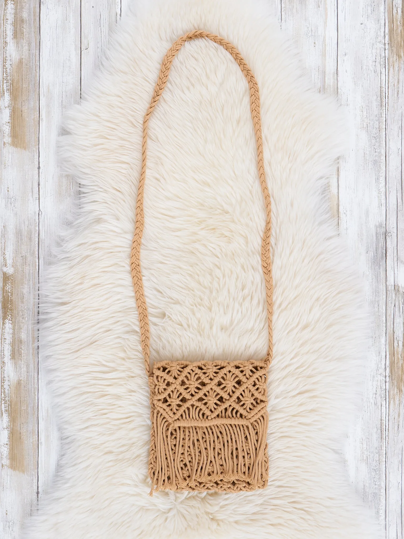 Tan Fringe Woven Crossbody Purse