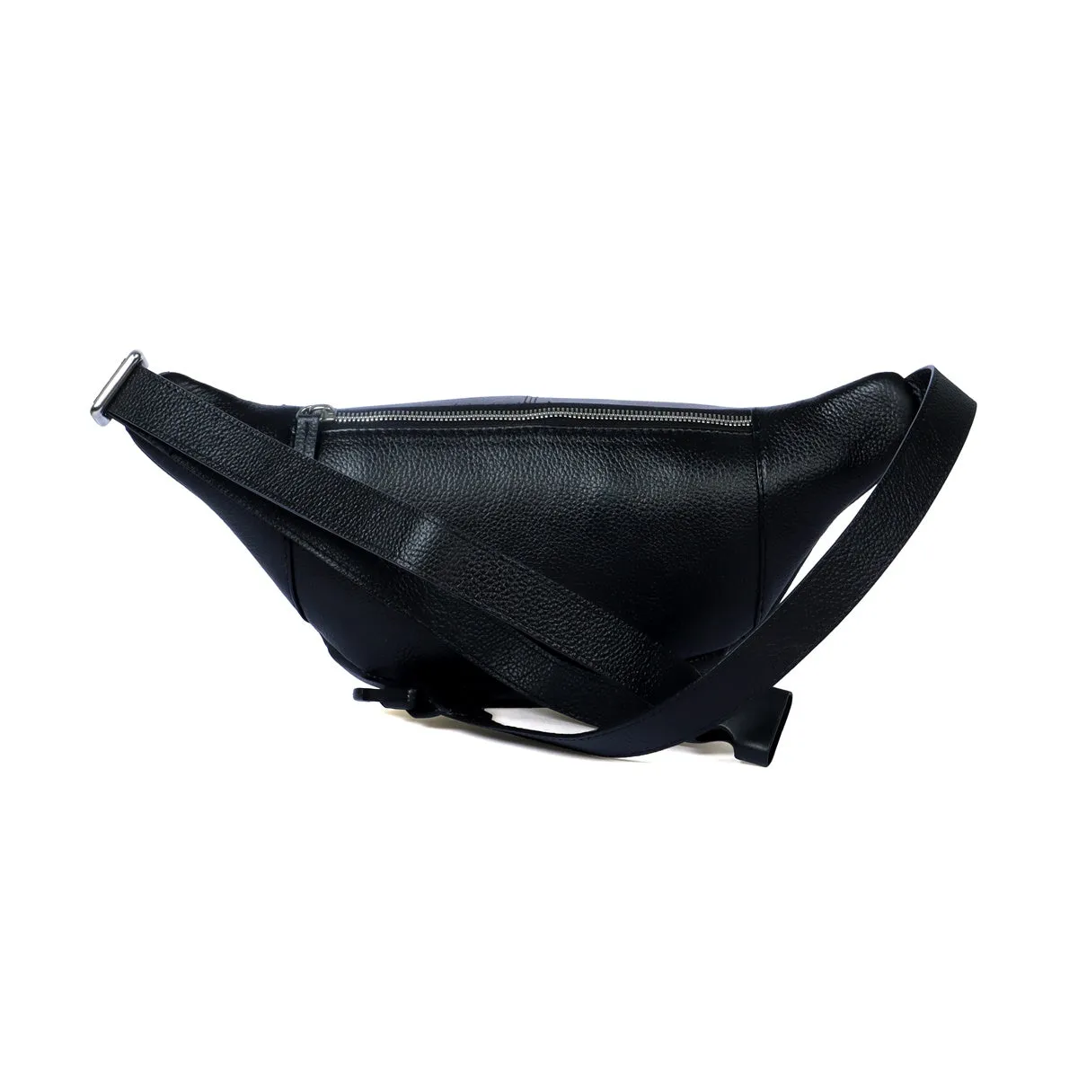 Textured Belt Bag in Black Leather with Silver Accessories