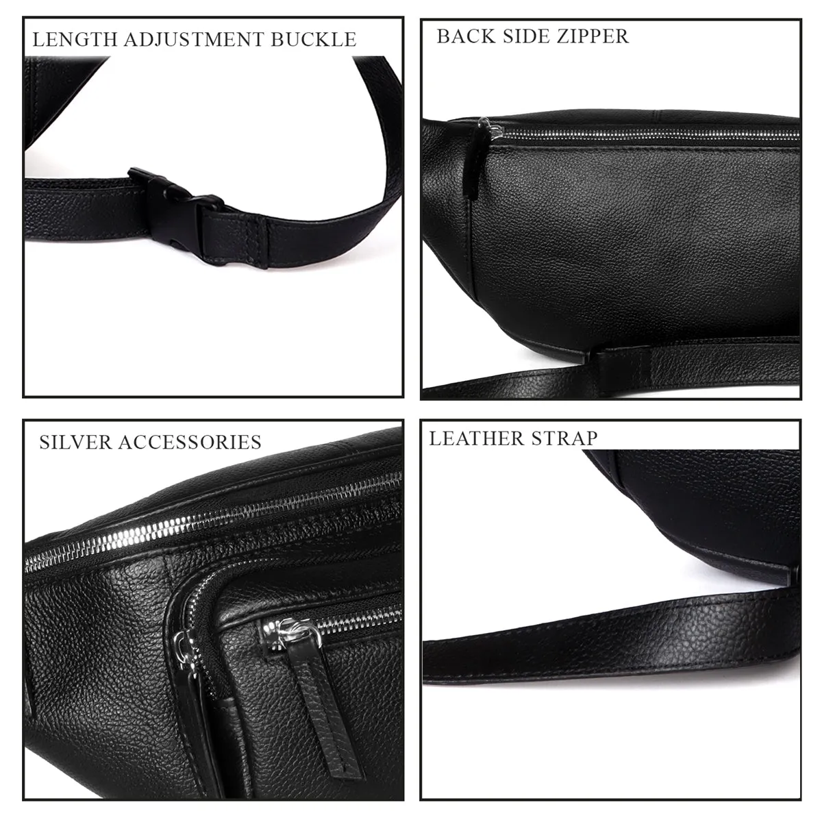 Textured Belt Bag in Black Leather with Silver Accessories