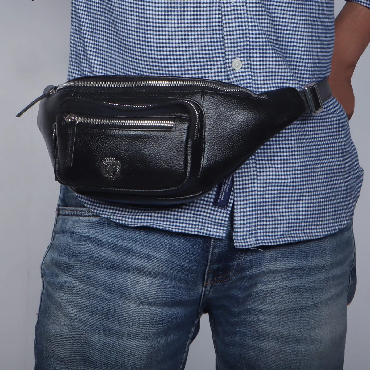 Textured Belt Bag in Black Leather with Silver Accessories