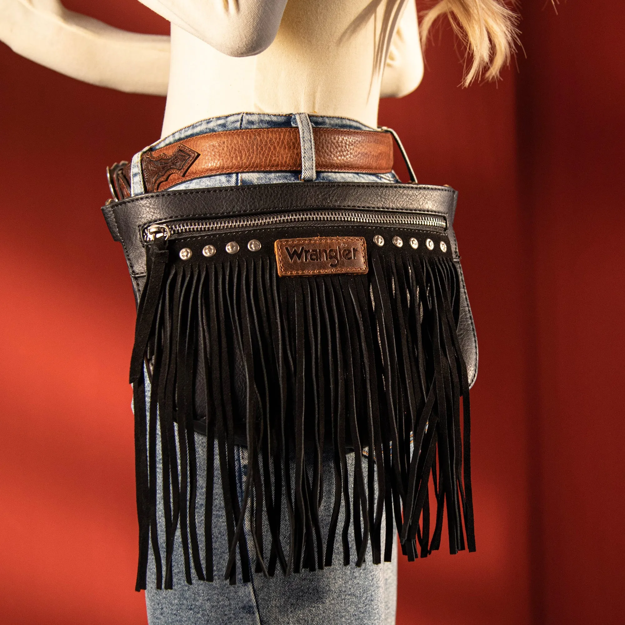 WG73-8194  Wrangler Fringe  Fanny Pack Belt Bag Sling Bag - Black