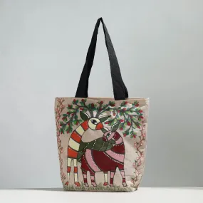 White - Deer - Handpainted Jute Cotton Shoulder Bag 05