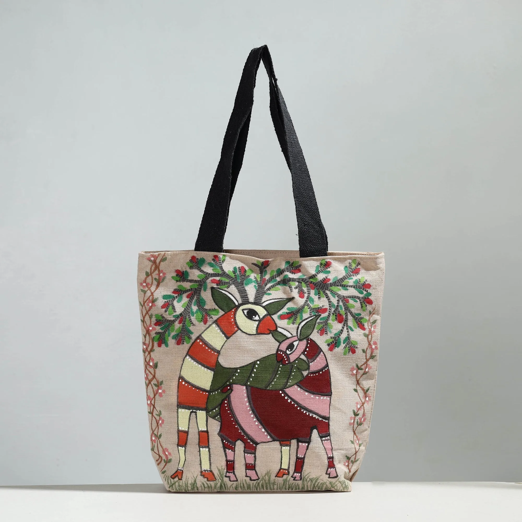 White - Deer - Handpainted Jute Cotton Shoulder Bag 05