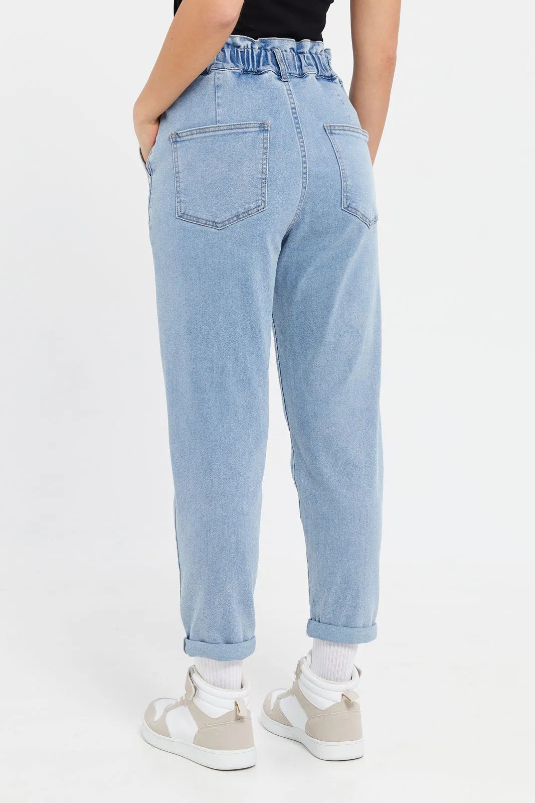 Women Blue Paper Bag Waist Jeans