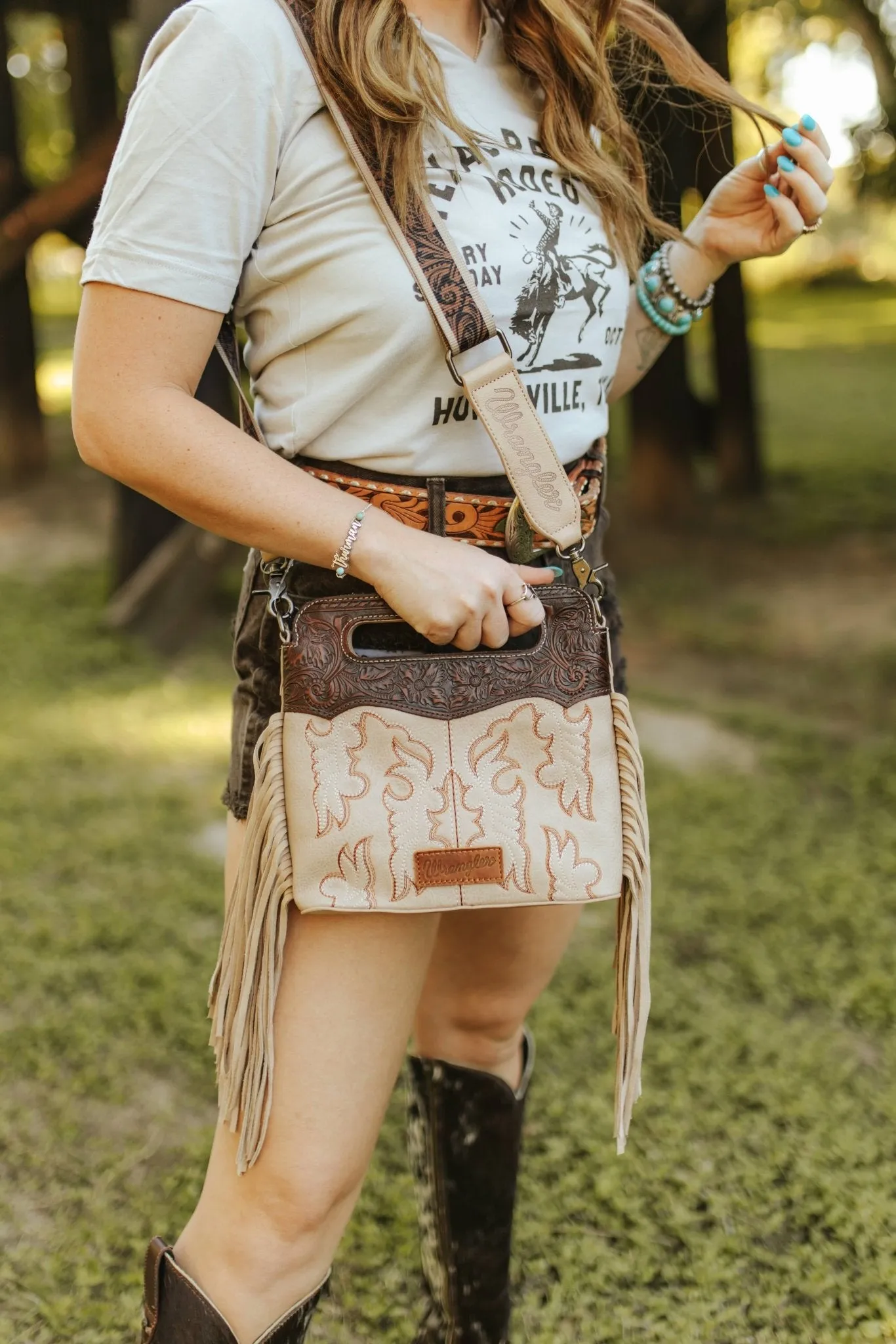 Wrangler Tooled Fringed Crossbody Bag