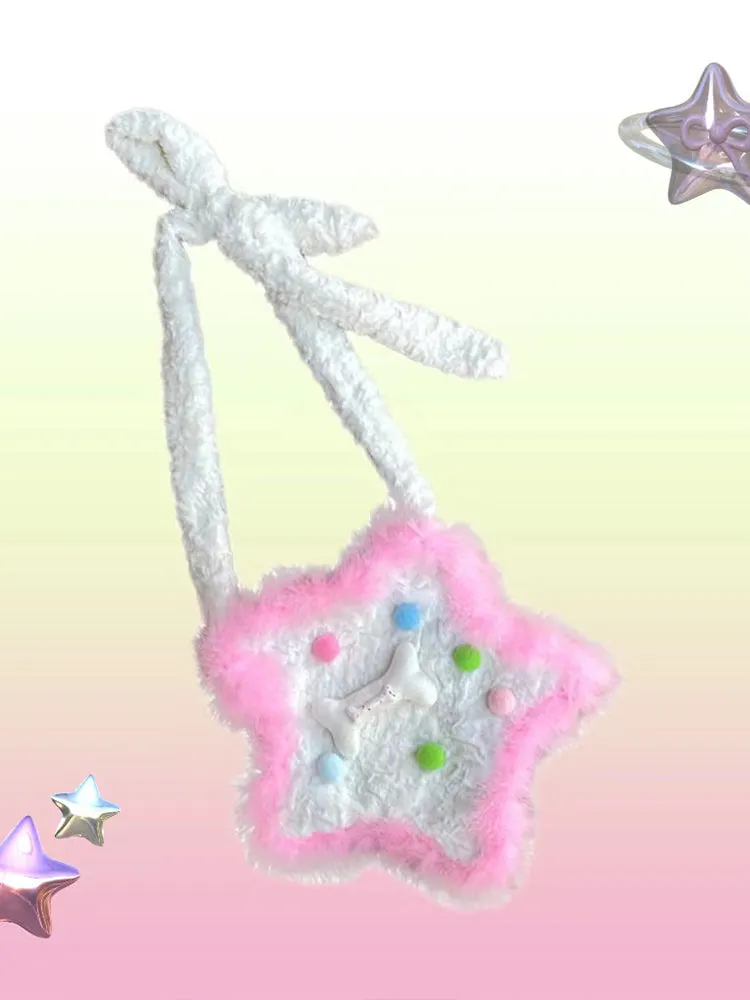 Y2K Star Bone White Pink Plush Handmade 3D Messenger Bag