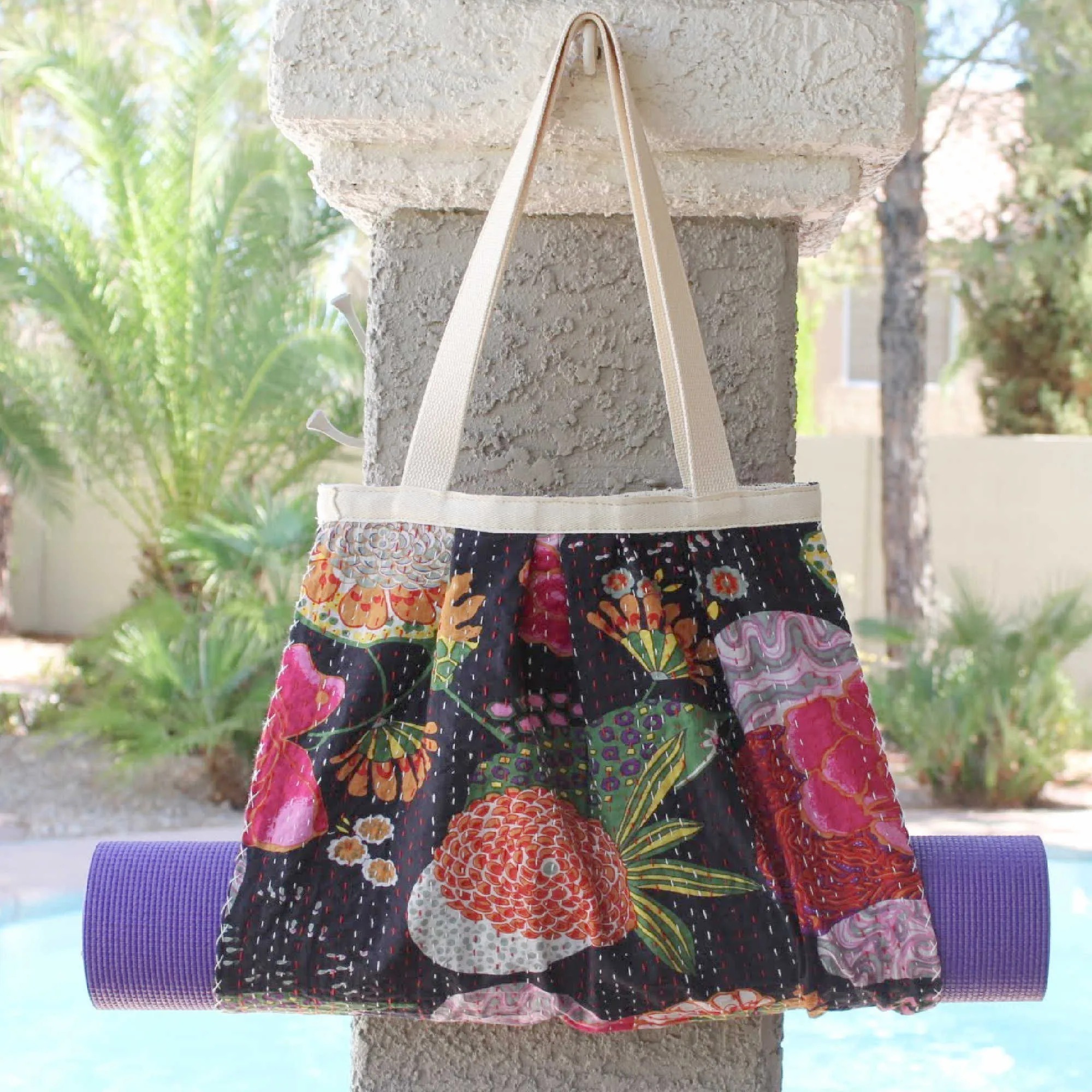 Yoga Mat Carrier | Kantha Quilt | Black with Flowers