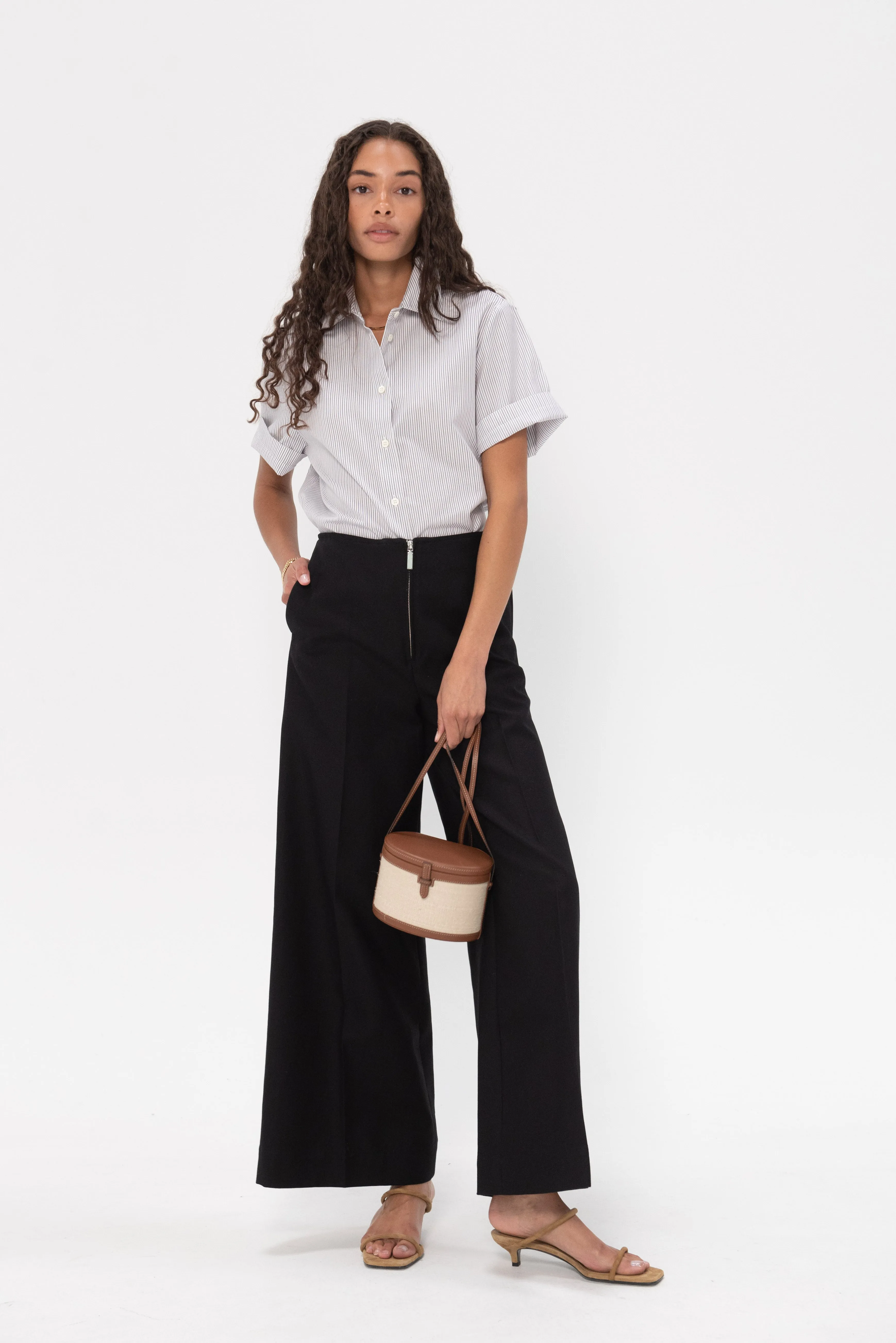 Zip-Front Wide Trousers, Black