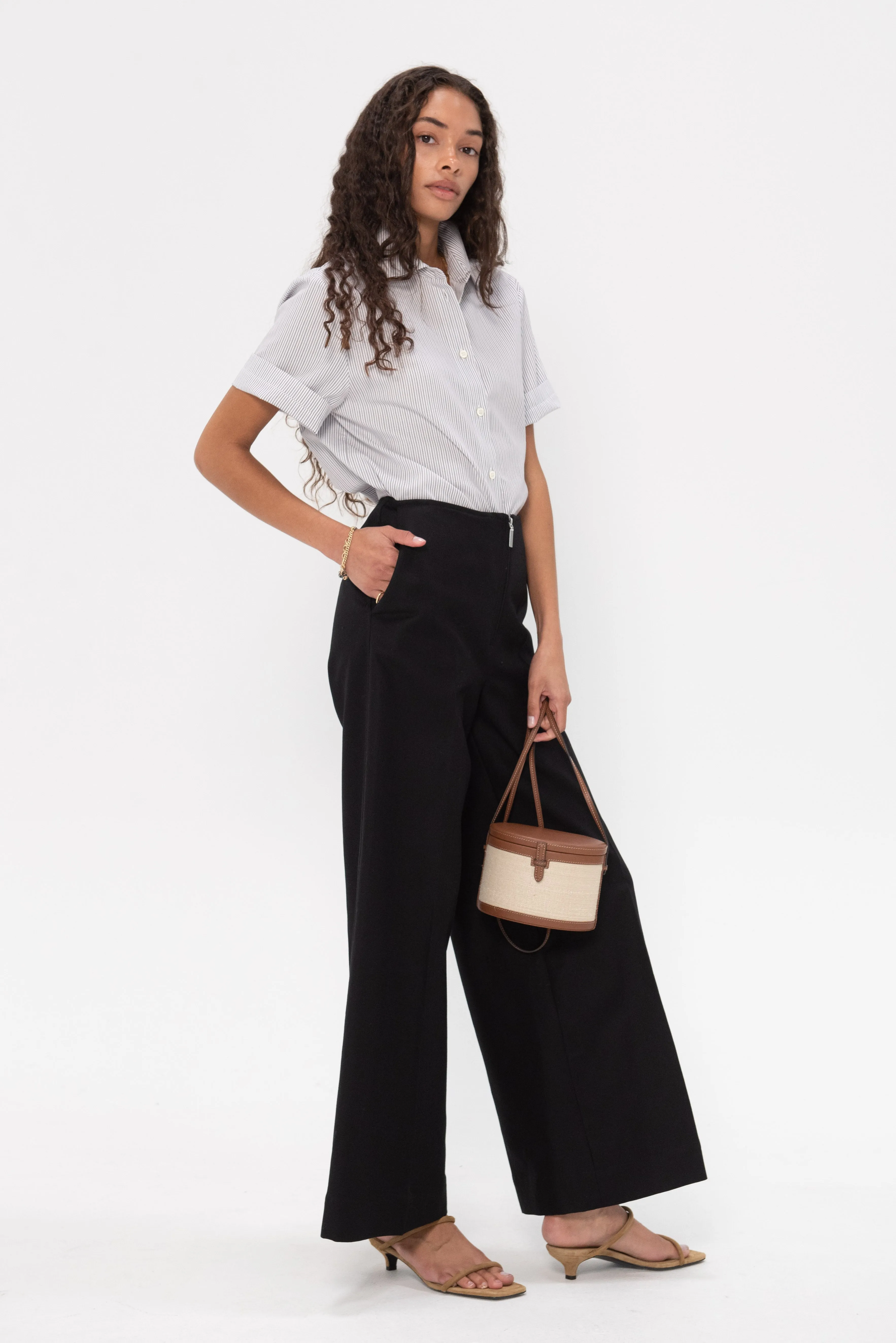 Zip-Front Wide Trousers, Black