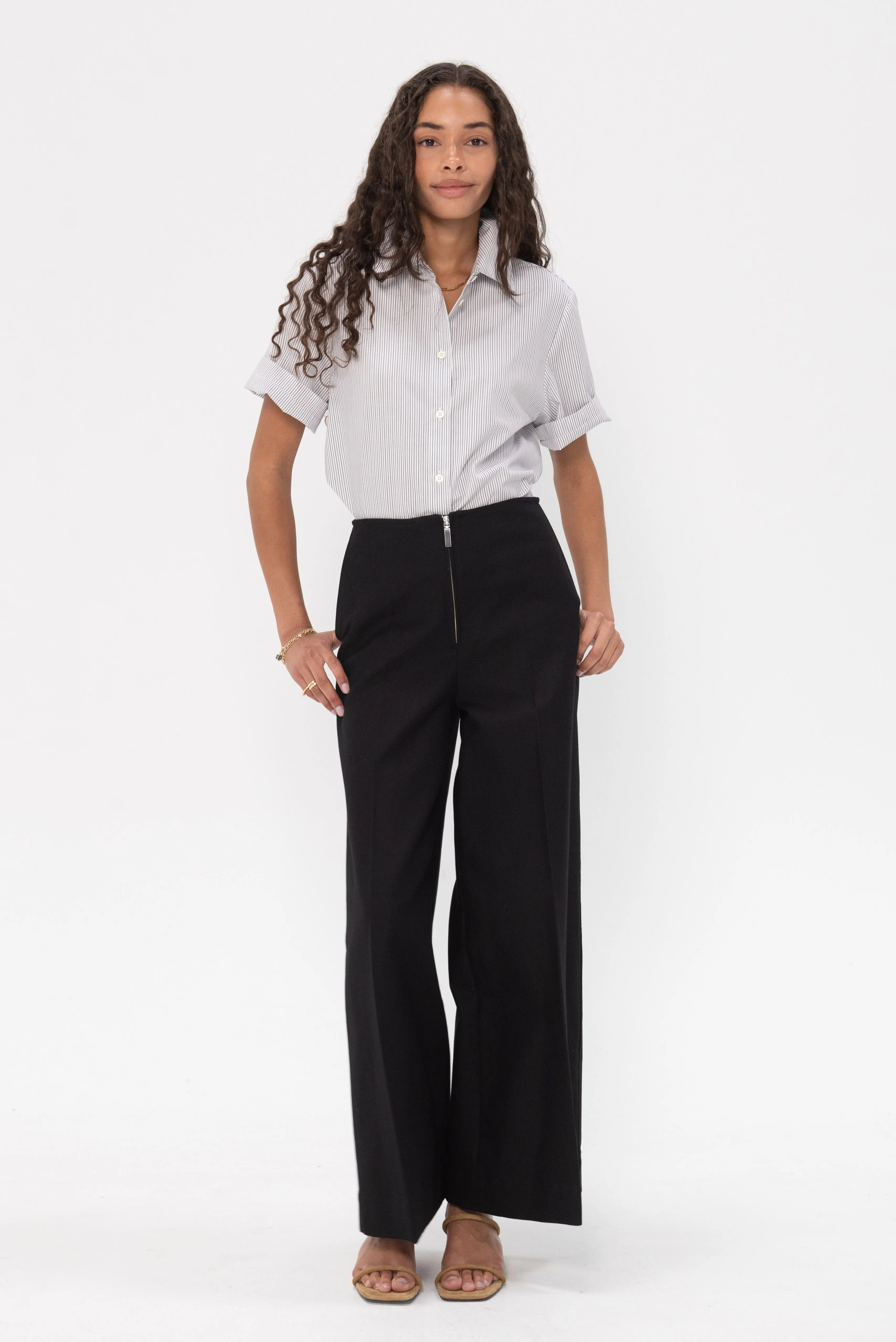 Zip-Front Wide Trousers, Black