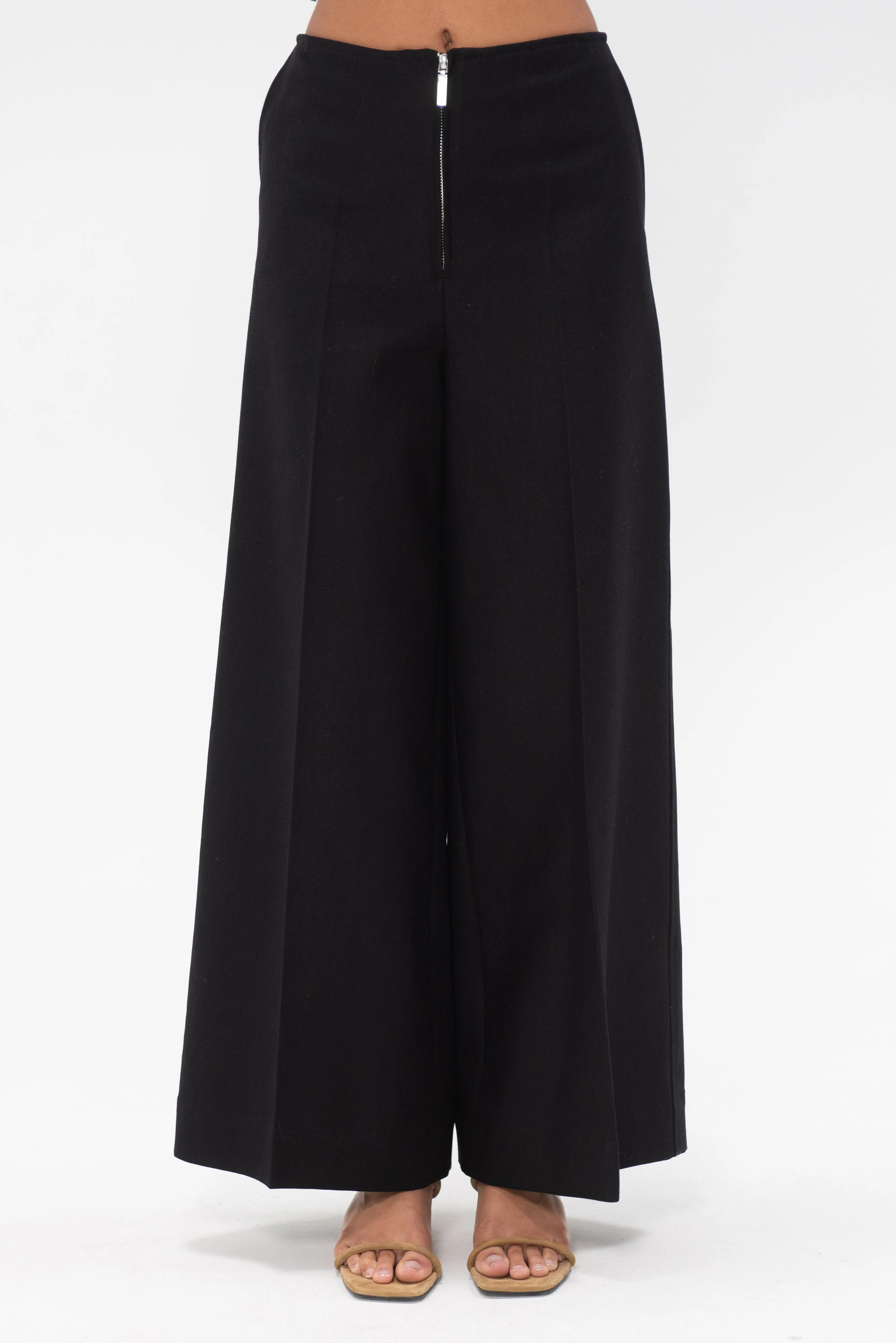 Zip-Front Wide Trousers, Black